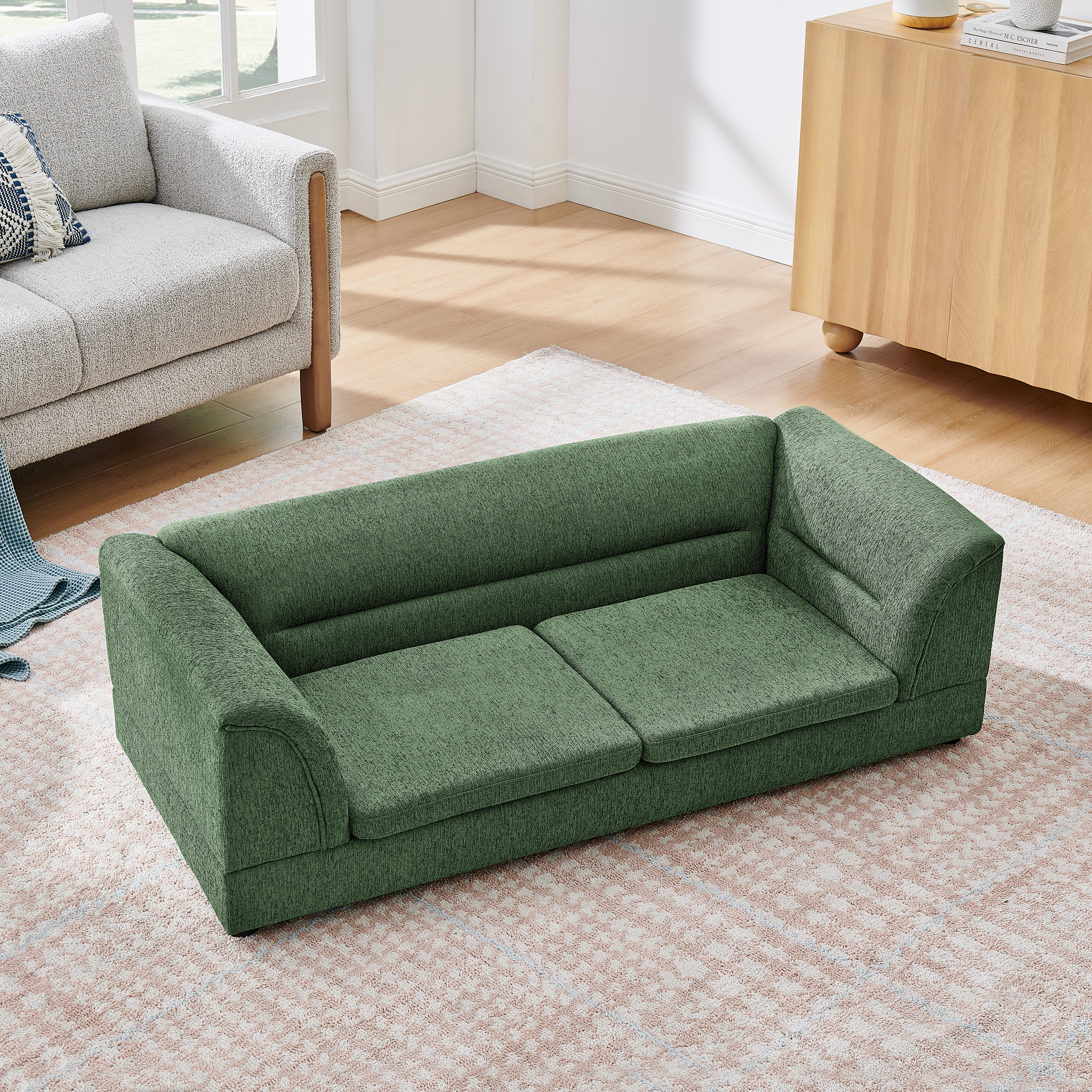 Oversized Pet Sofa, Curved Armrest Rectangular Dog Sofa, Linen Fabric Comfort Pet Couch for Large & Oversized Dogs-Olive Green — image 6