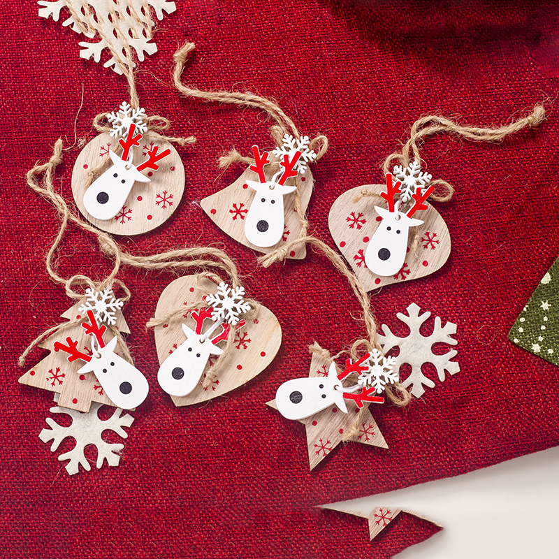 Cute Wooden Craft Christmas Tree Decor Hanging Pendant Elk Snowflake Ornament Christmas Decoration for Home Xmas Party Red White — image 1