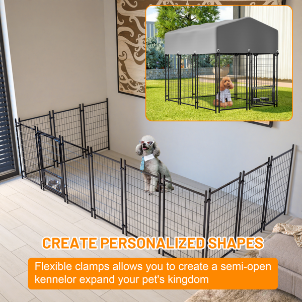 Dog Kennel Outdoor With Roof, 4.23'x5.82'x4.83' Welded Wire Enclosure, Heavy Duty Dog Crate With UV-Resistant Waterproof Cover, Double Lock & Rotating Feeder — image 3