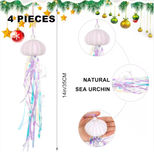 4 Piezas de Adornos Colgantes de Erizo de Mar para Árbol de Navidad, Manualidades Costeras de Erizo de Mar Natural con Cuerda — imagen 5
