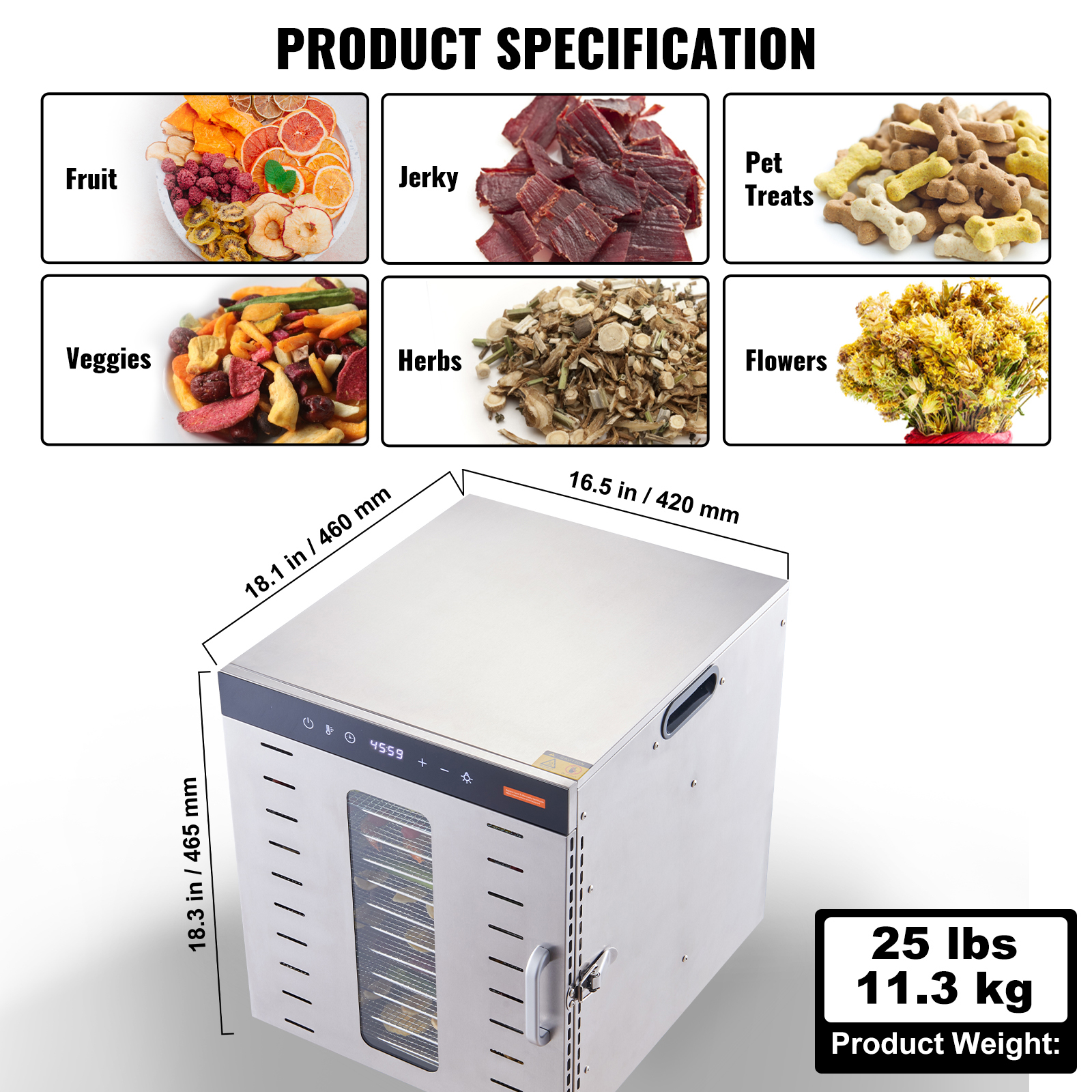 VEVOR Food Dehydrator Machine, 10 Stainless Steel Trays, 1000W Electric Food Dryer With Digital Adjustable Timer & Temperature For Jerky, Herb, Meat, Beef, Fruit, Dog Treats And Vegetables — image 3