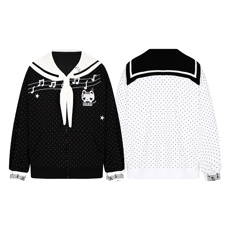 Black and white polka dot hoodie with cat embroidery jacket for women — image 4