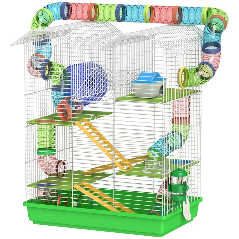 PawHut 5 Tier Hamster Cage With Tubes And Tunnels, Small Animal Cage, Rat Gerbil Cage With Water Bottle, Food Dish, Exercise Wheel, Green — imagen 9