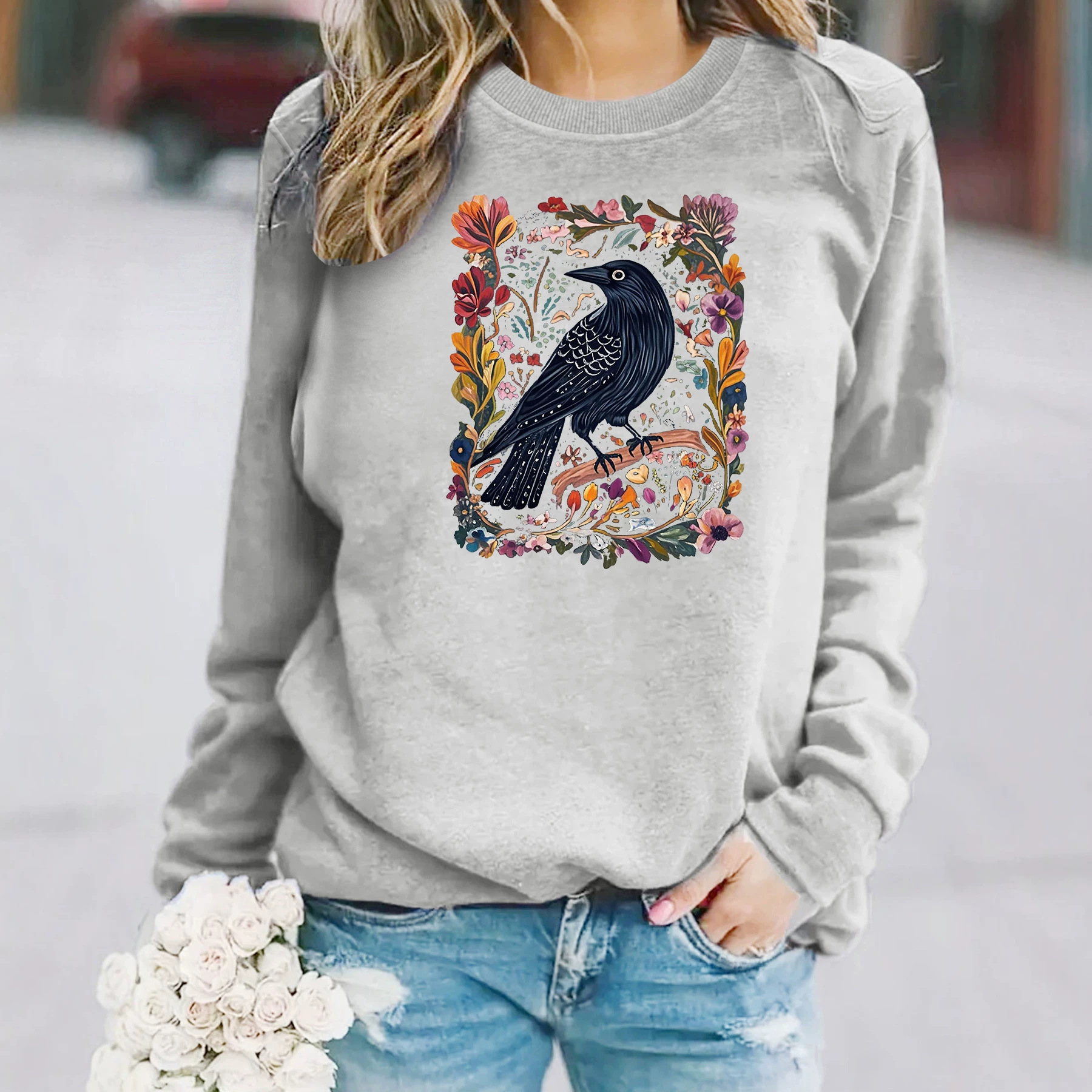 Crow print round neck fleece hoodie — image 3