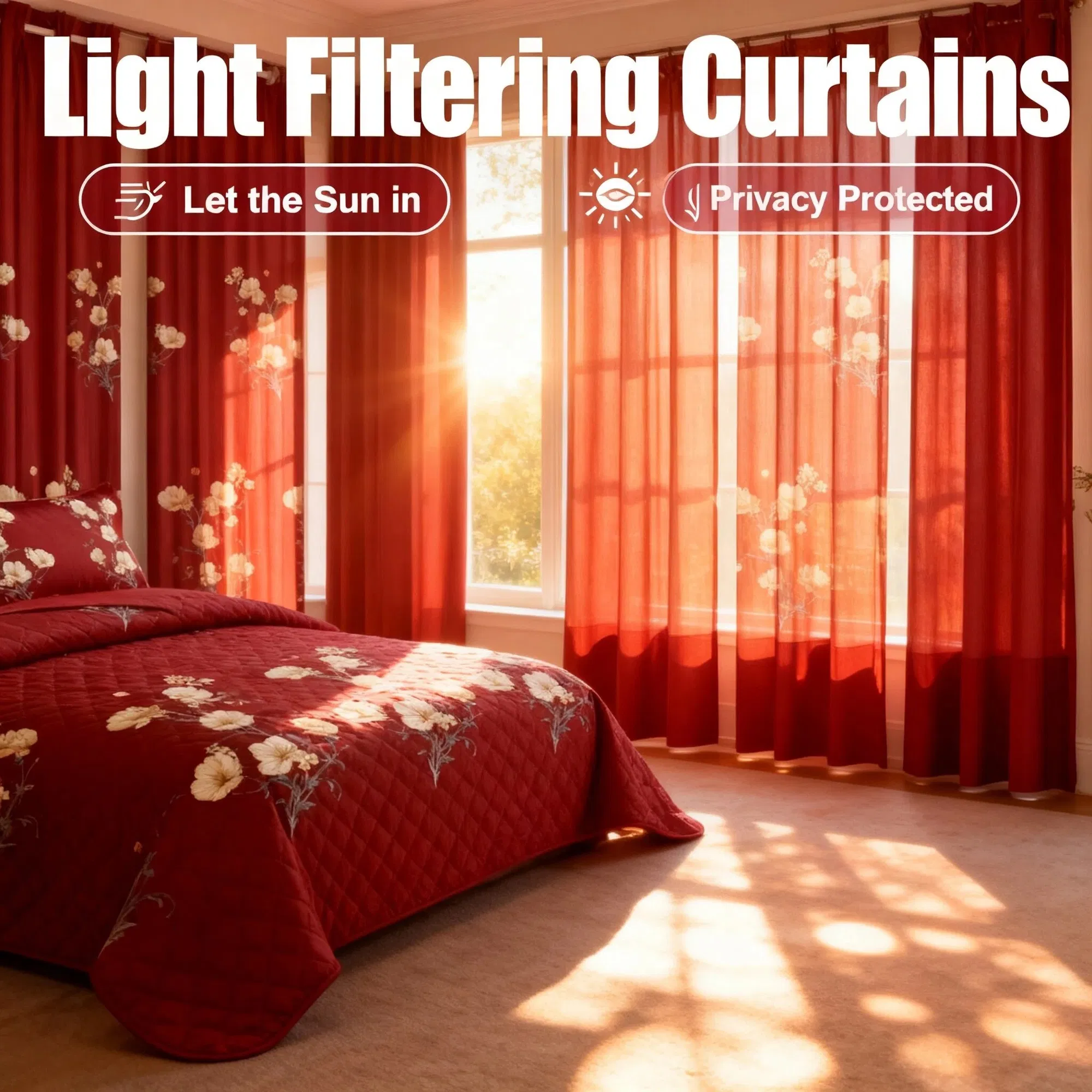 9-Piece Burgundy Red Floral Bedding & Curtain Combo Set, Elegant Wine Red Quilted Bedspread with 6 Light Filtering Window Panels & 2 Shams, Easy Care Microfiber Coverlet, Pet Friendly — image 13