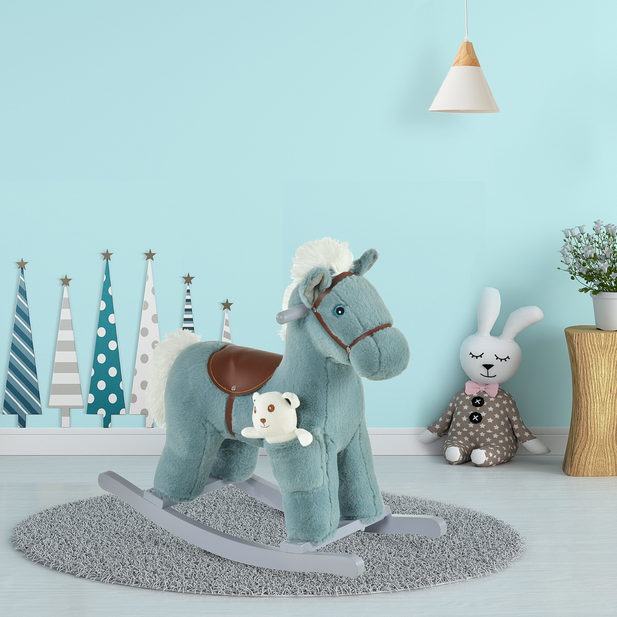 Kids Rocking Horse with Bear Toy, Plush Animal Rocker with Fun Realistic Sounds for Toddler 18-36 Months, Blue — image 7