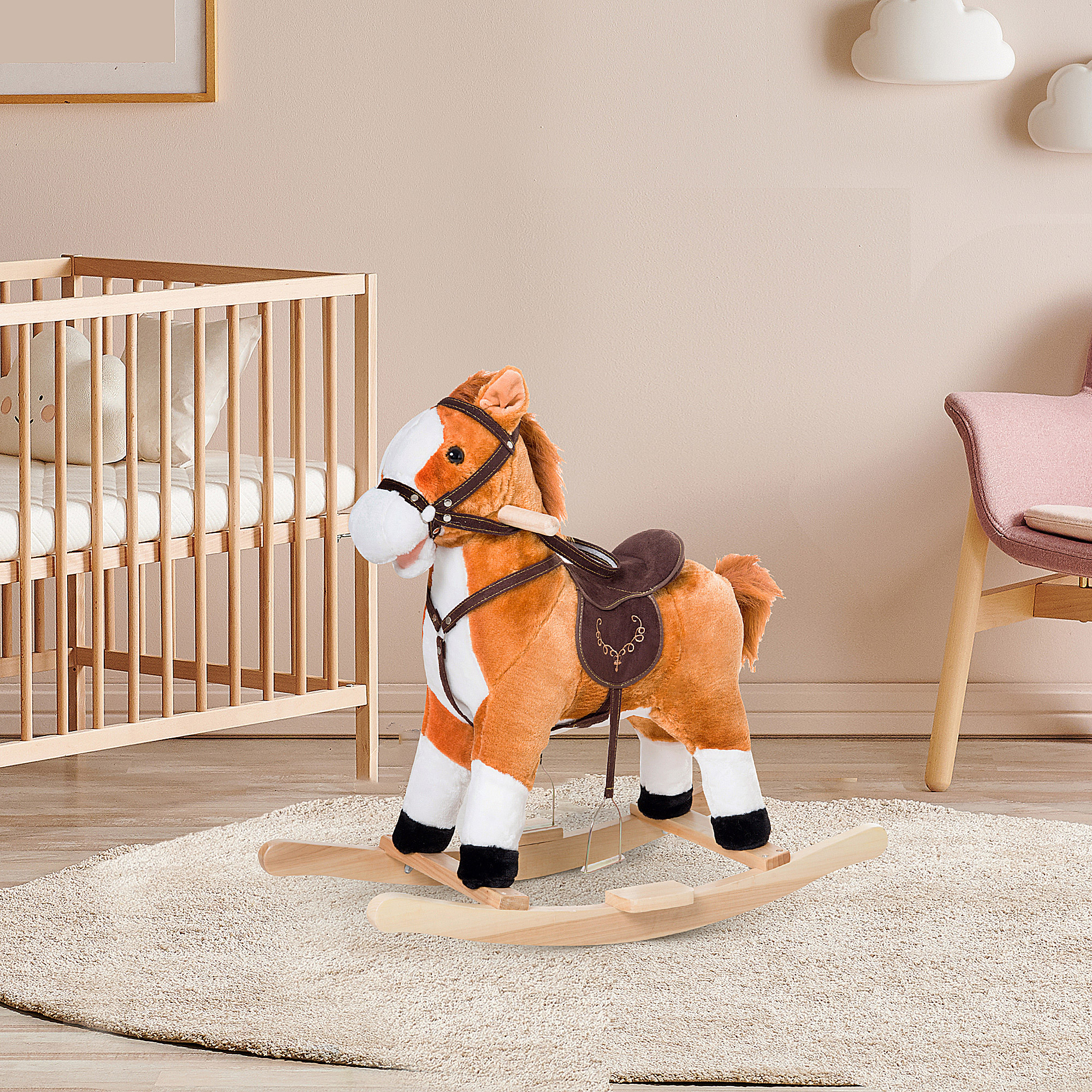Caballo de Plush para Niños con Sonidos y Cola Móvil, Silla de Montar Tradicional en Madera con Pernas de Movimiento para Pequeños — imagen 1