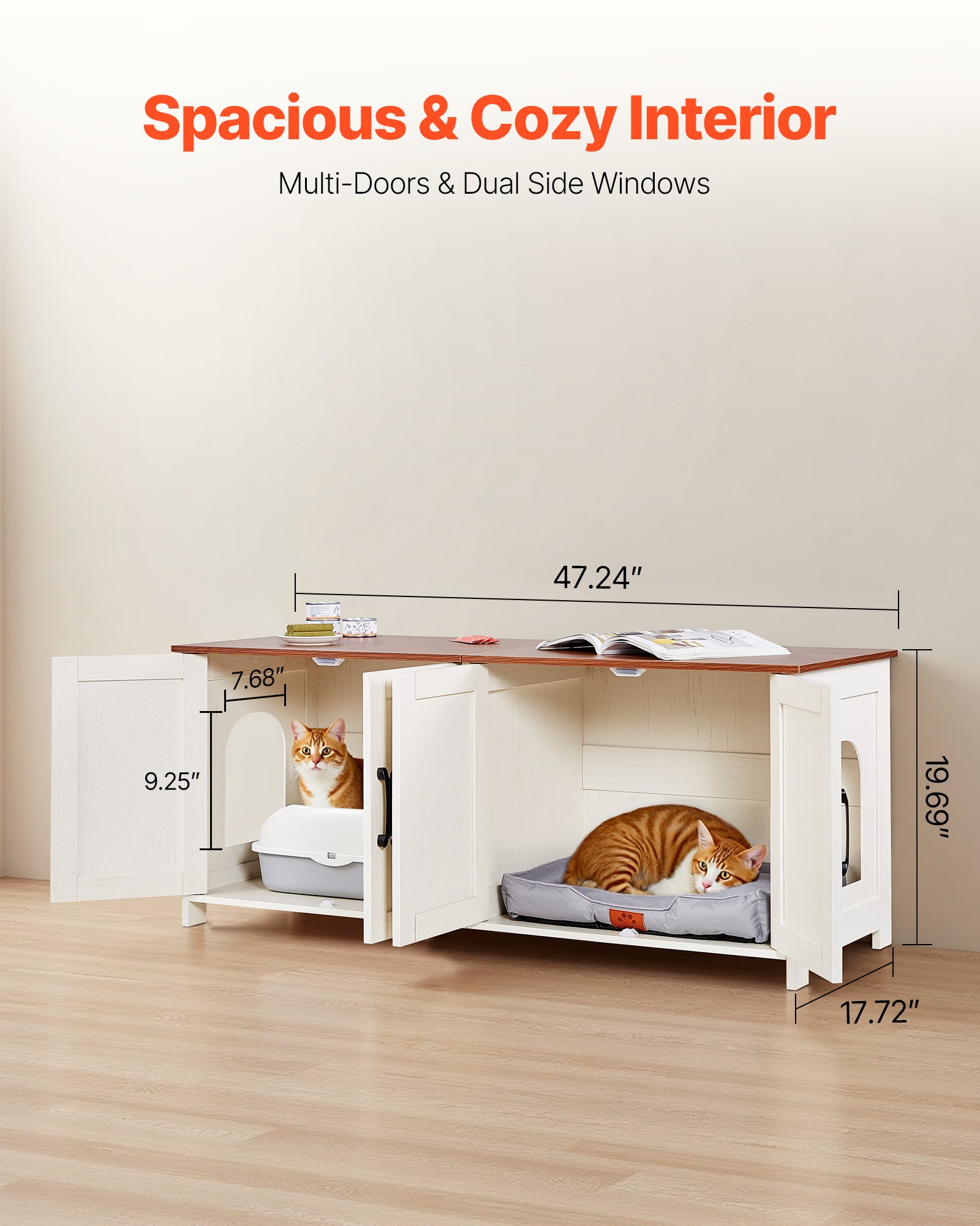 Cat Litter Box Enclosure For Multi Cats, 47.2 In Hidden Litter Box Cabinet With 4 Doors & 2 Entries, Indoor Cat Washroom, Wooden Kitty House Furniture, Fit Most Litterboxes, Brown & White — image 2