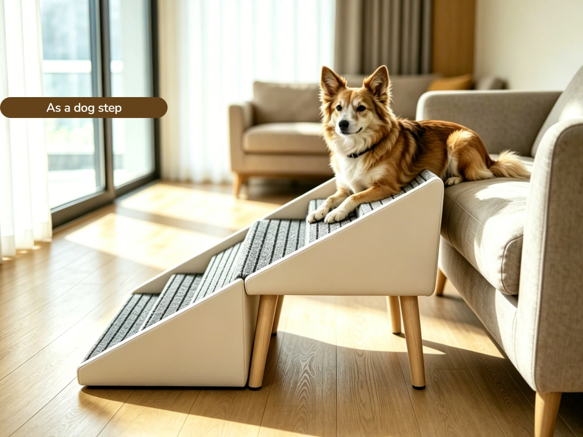 Escalera para Perros 2 en 1 para Cama y Sofá, 25.2" Rampa Plegable para Perros con 6 Escalones y Otomana para Perros Pequeños y Grandes, Beige — imagen 2