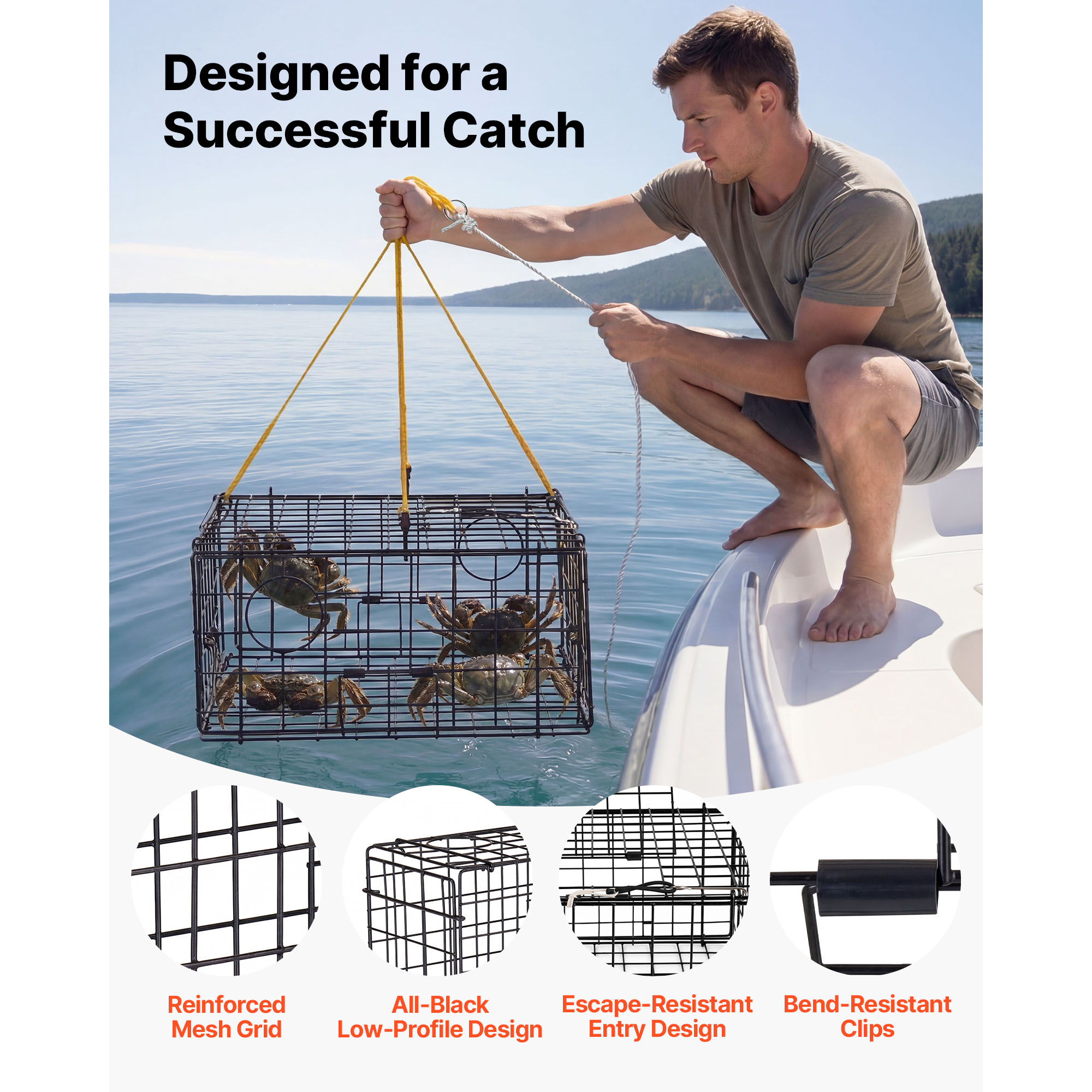 Crab Trap, 2 Packs, 24.4x24.4x11.8 Inch Heavy Duty Large Crab Pot Trap For Dungeness, Black PVC Coated Wire Mesh For Stealth, With Gauge, Red White Float, 100ft Leaded Core Rope, And Gloves — image 3