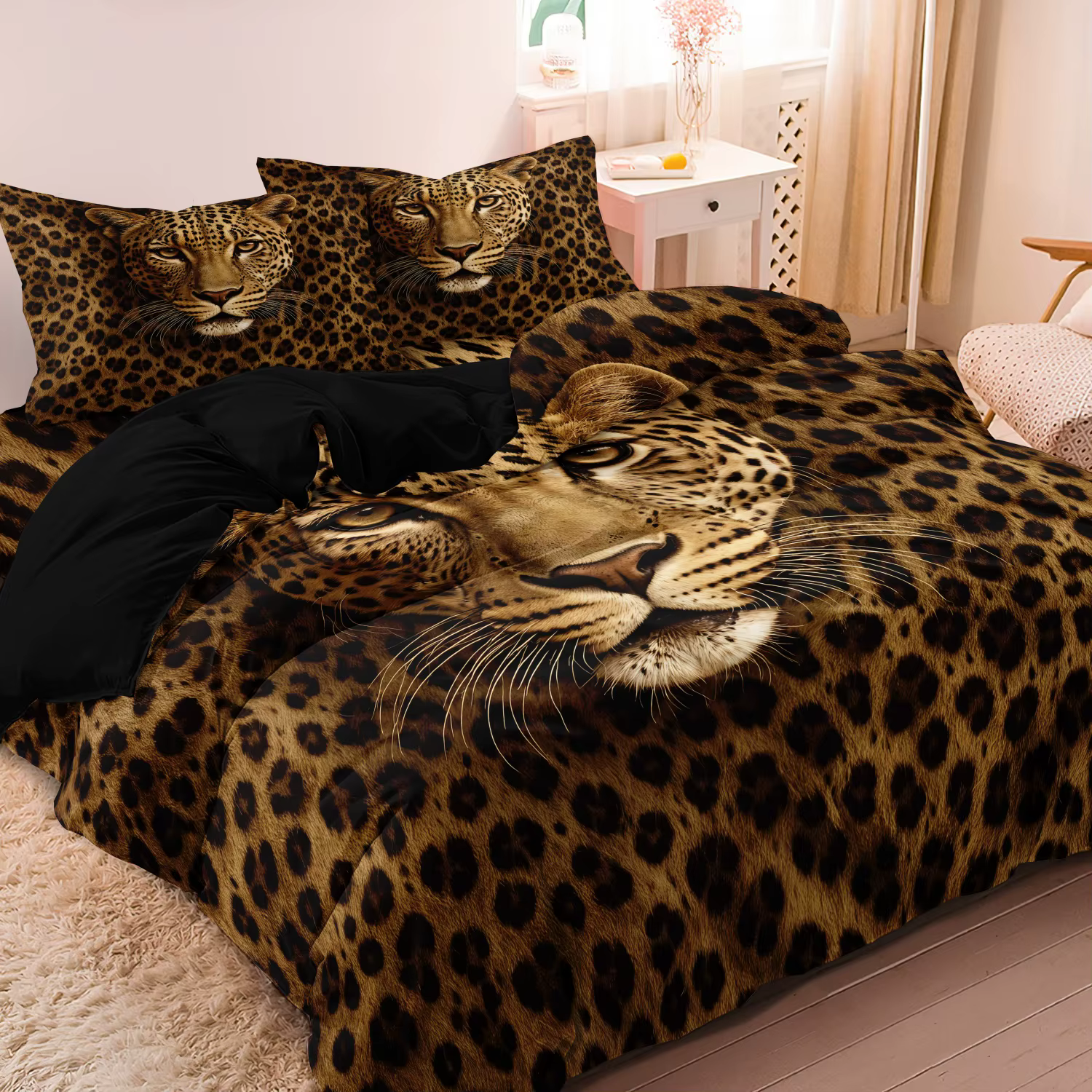 Funda nórdica premium de 3 piezas con estampado de leopardo en forma de corazón, estampado animal, fabricada con tela suave y transpirable, decoración para el hogar y el dormitorio universitario — imagen 5