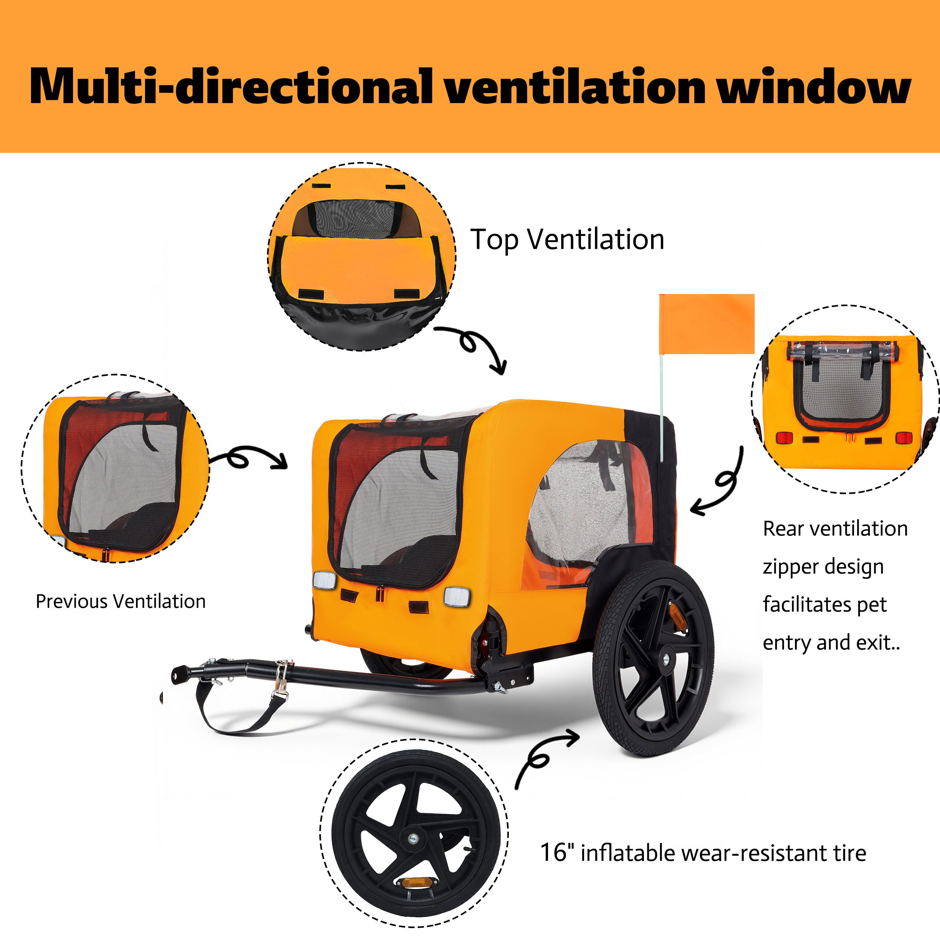 Outdoor Heavy Duty Collapsible Pet Bike Trailer With 16-Inch All-Terrain Wheels & Universal Hitch - Foldable Dog Cargo Carrier Cart For Bicycles, Black Orange — image 4