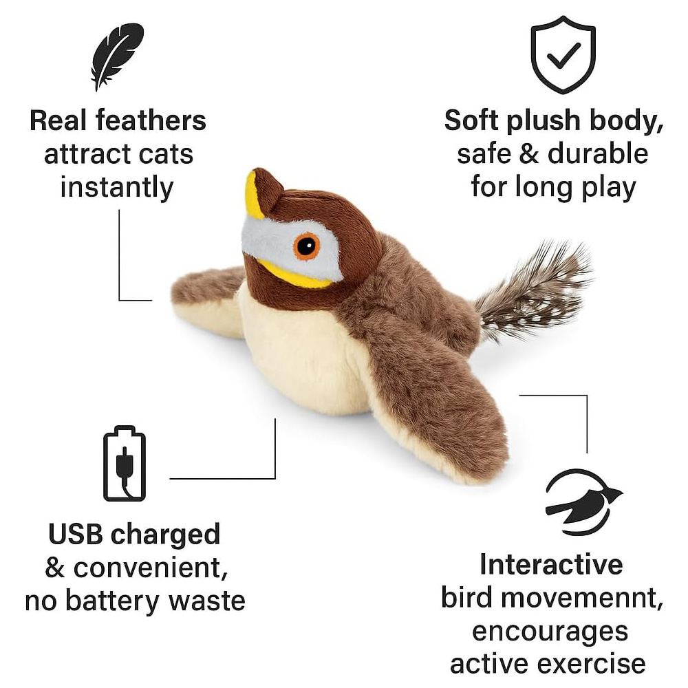 Pájaro de Plush Rechargeable con Alas que Baten y Sonidos de Canto Realista, Juguetes Interactivos Electrónicos para Gatos en Interior con Sensor de Movimiento — imagen 5