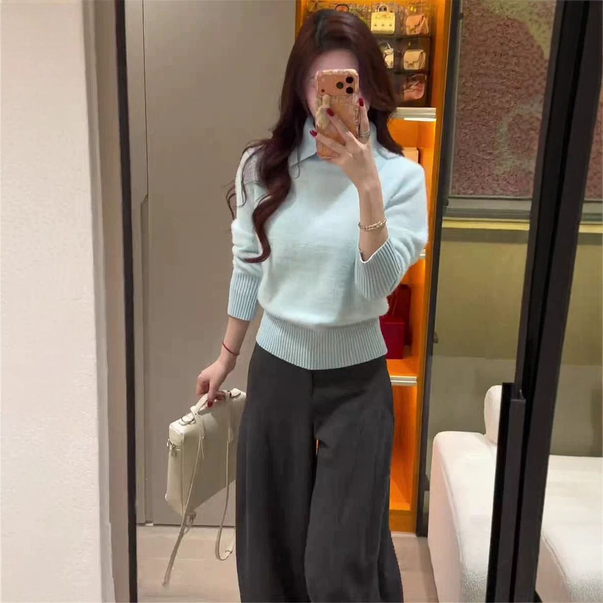 Women's Lapel Collar Long Sleeve Soft Faux Mink Knit Sweater — image 5
