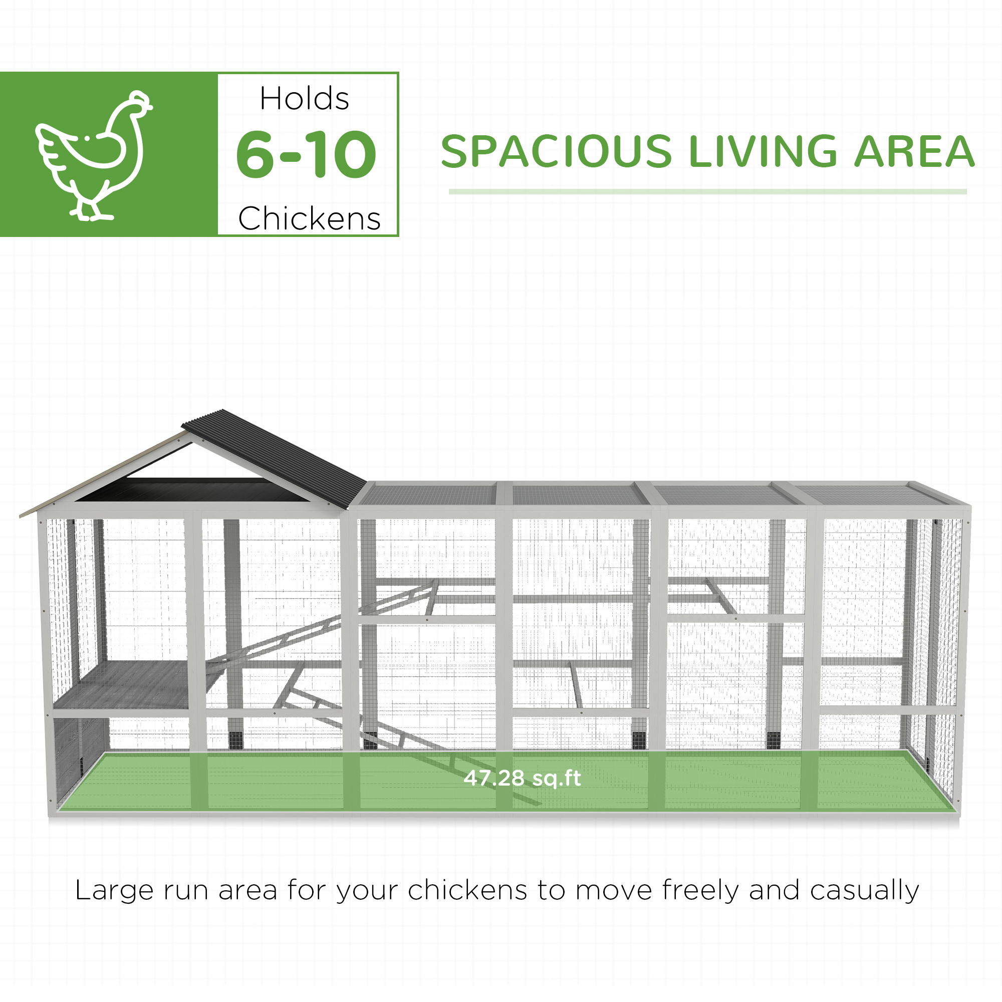 Wooden Chicken Coop Run for 6 - 10 Chickens, Hen House Add-On with Storage, Perches, 141.75" x 48" x 61", Gray — imagen 7