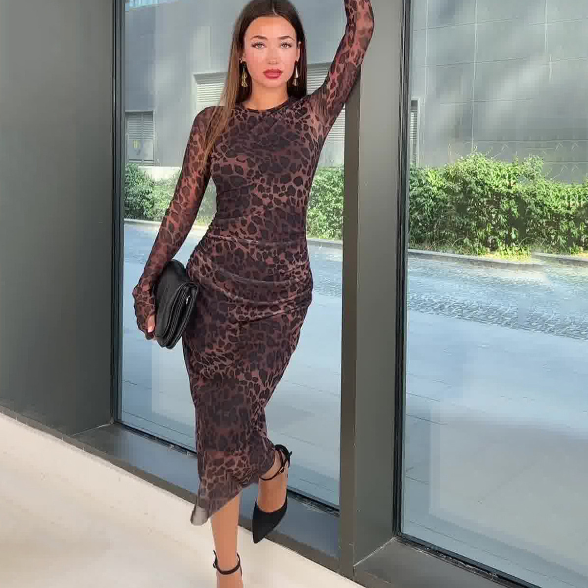 Lace-up Leopard Print Midi Dress with Round Neck, Fitted Waist Women's Dress — image 3
