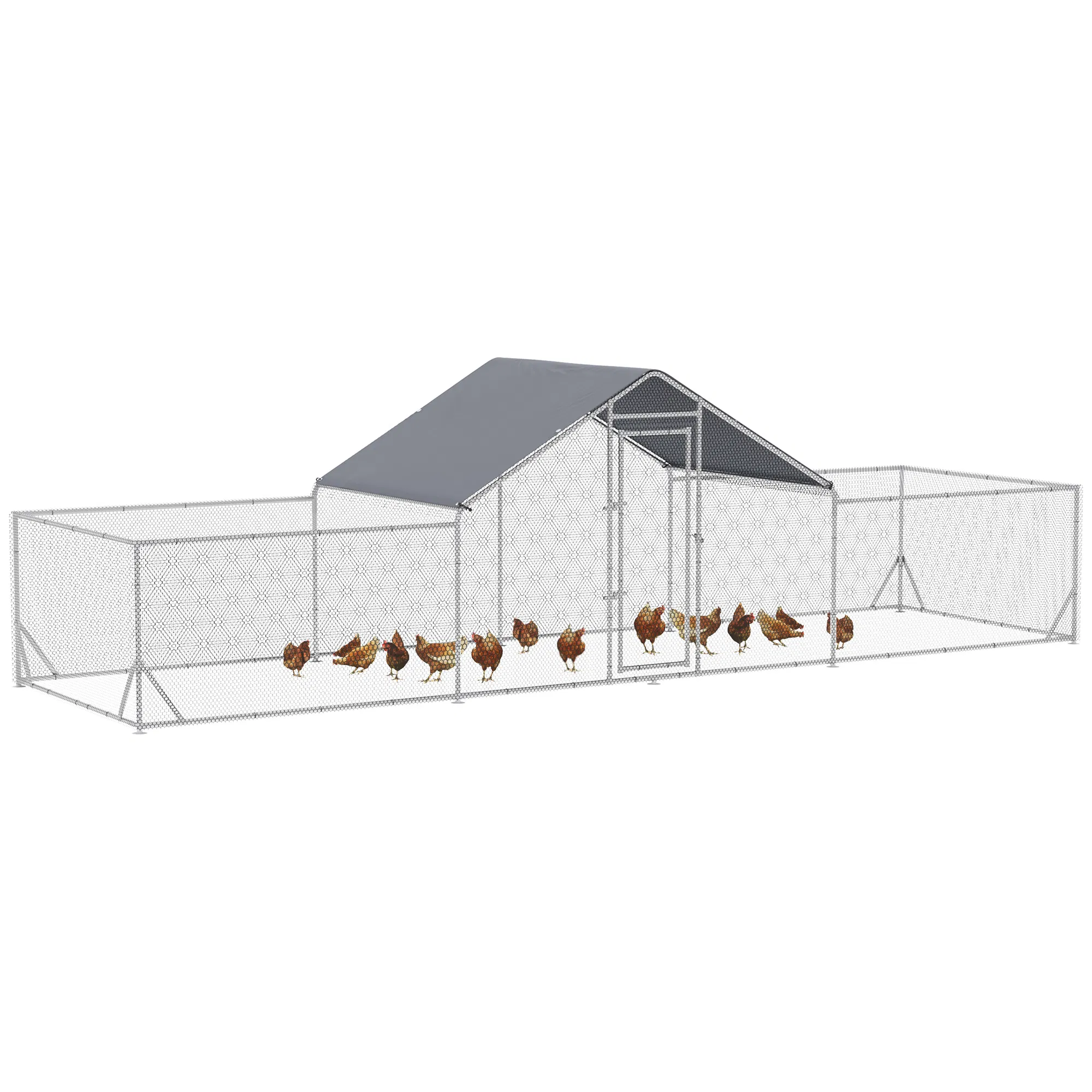 Chicken Run, 23' x 6.6' Metal Chicken Coop with Waterproof and Anti-UV Cover, Spire Roof, Door, for 12-14 Chickens, Ducks, Rabbits, Sliver — image 1