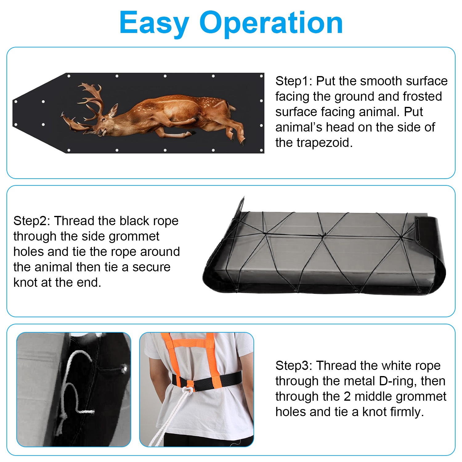 Deer Drag Sled With Dragging Harness Deer Cart Game Hauler Snow Sledding Pad Hunting Gear Supplies With 32.8FT Black Rope 16.1FT White Rope For Hunting Ice Fishing Hauling Fire Wood — imagen 6