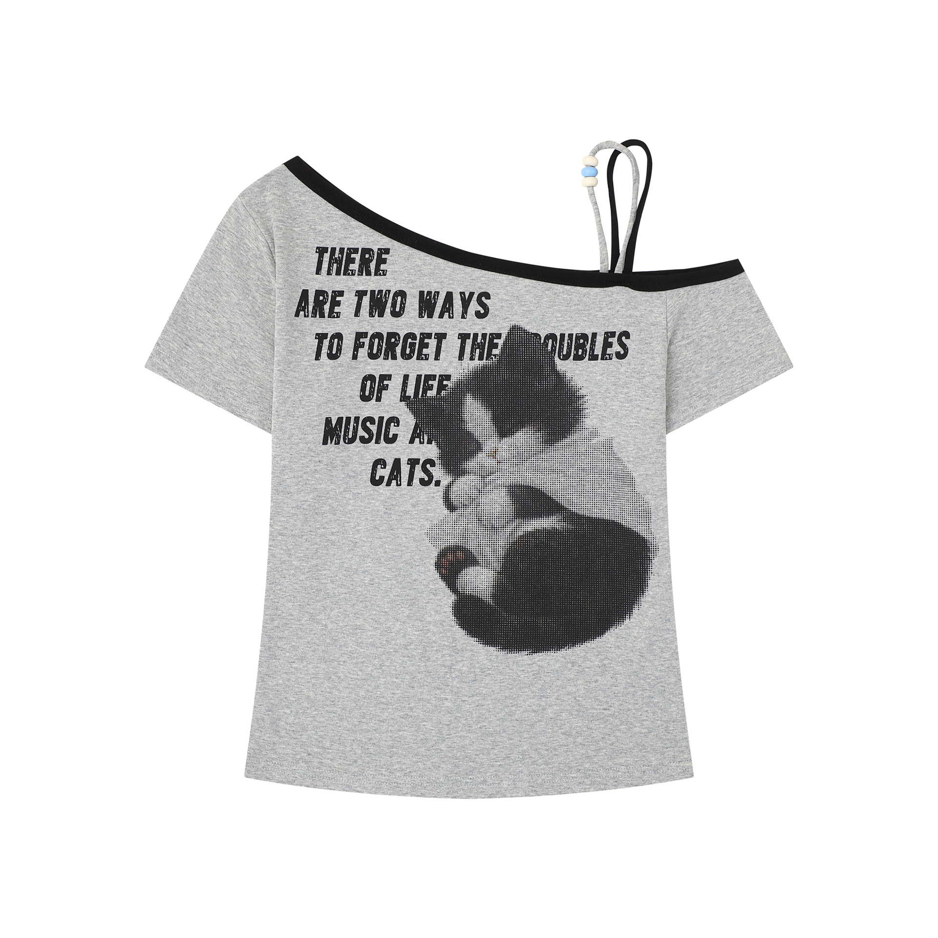 Camiseta de Manga Corta con Estampado de Gato Sexy y Cintas de Perlas Asimétricas para Mujer — imagen 4