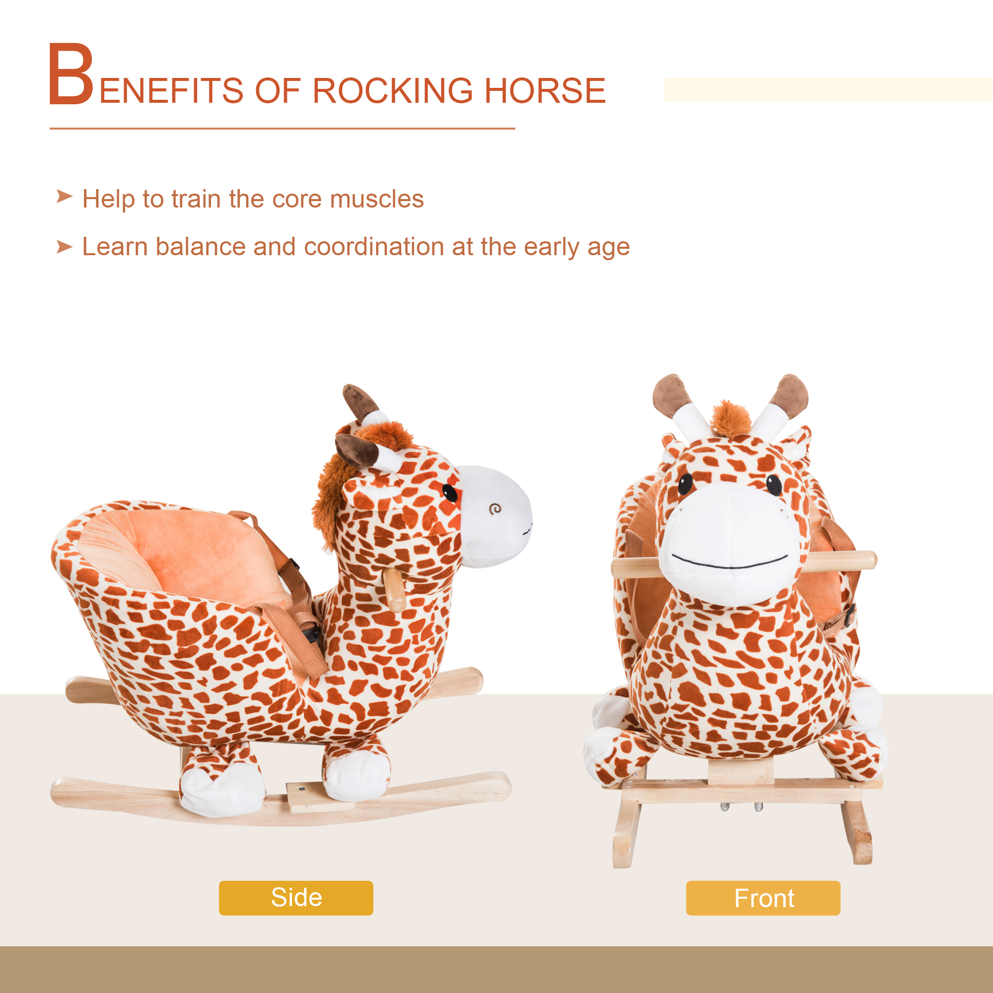 Kids Plush Rocking Horse Giraffe Style Themed Ride-On Chair Toy With Sound Brown — imagen 5