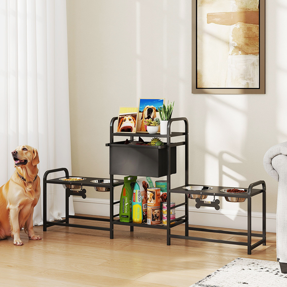 Soporte para Comederos de Perro con 3 Alturas Ajustables, Tela Oxford, Incluye Cuatro Tazones y Cesta para Juguetes — imagen 11