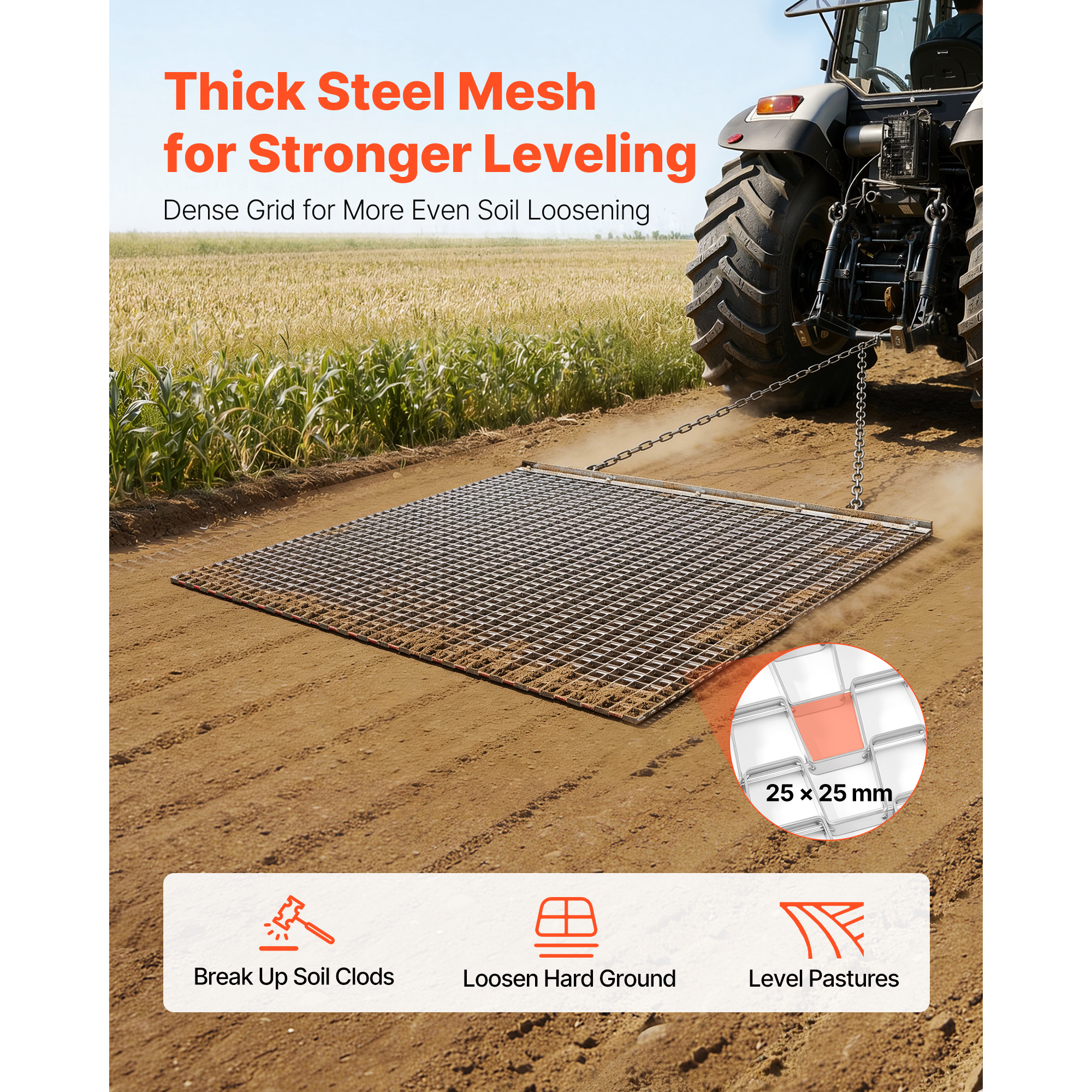 Drag Harrow, 4 X 4 Ft, High-Efficiency Chain Harrow Rake, ATVs UTVs Tractors Attachments, Durable Galvanized Steel Mesh Drag Mat With Towing Chain, For Gravel Driveway Ruts Farm Field Leveling — imagen 5