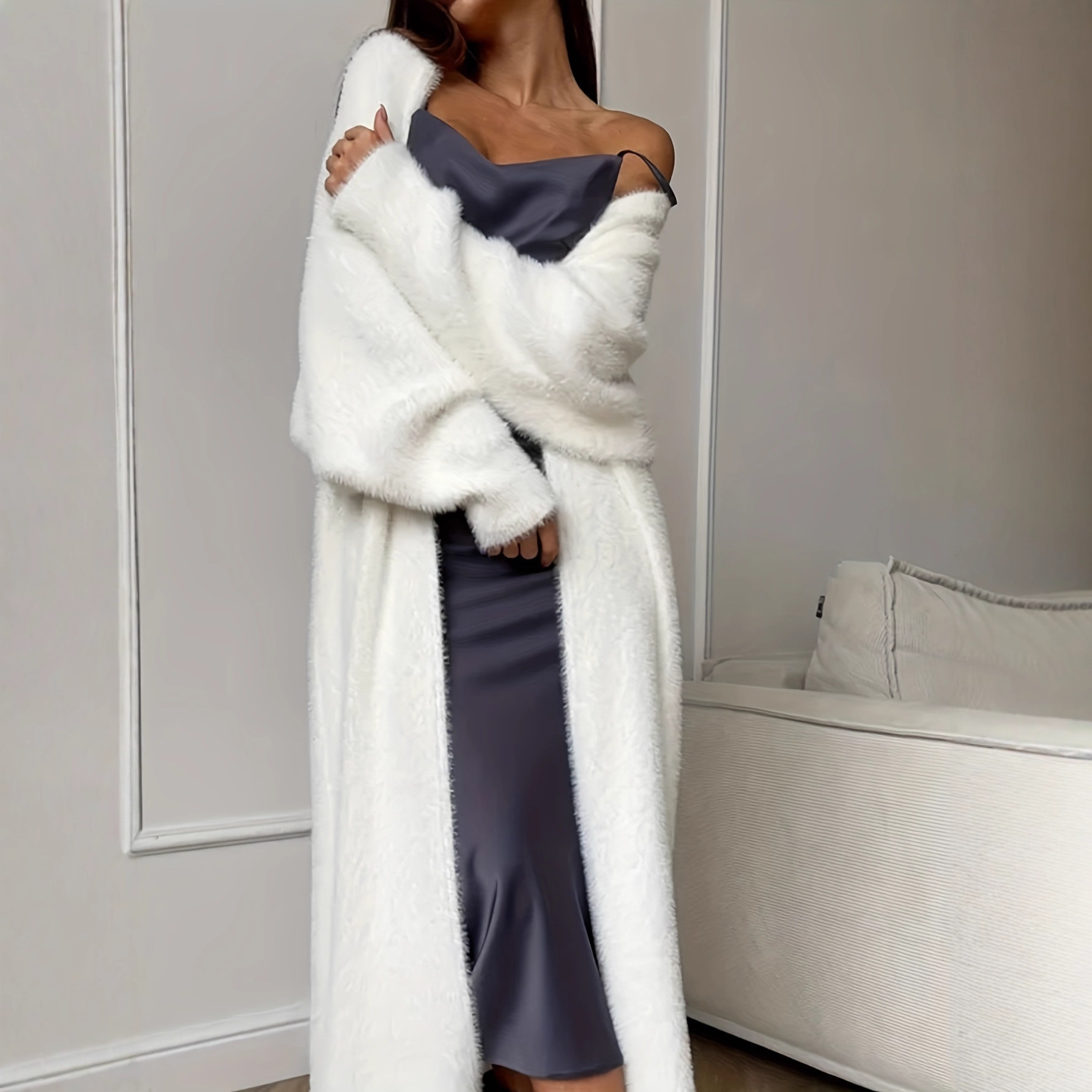 Faux Rex Rabbit White Knit Cardigan Coat for Women, Autumn/Winter, Loose, Fluffy — image 1