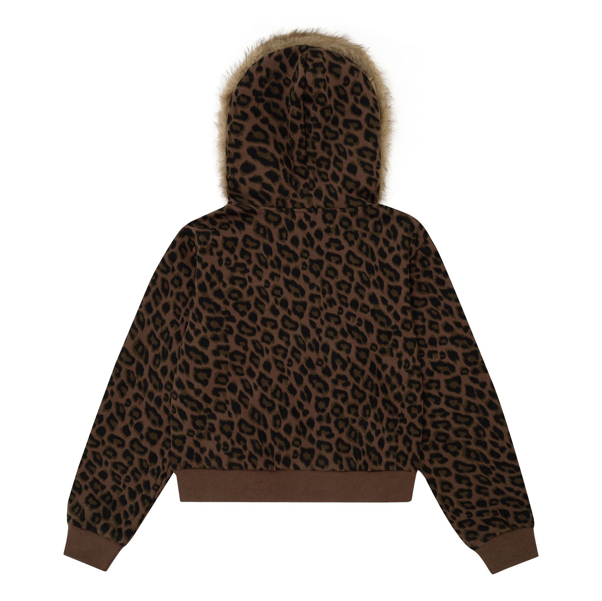 Women's Leopard Print Cropped Hooded Sweatshirt with Fur Collar and Rhinestone Heart Letters — image 3