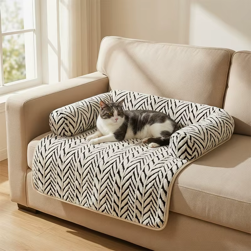 Pet Sofa Bed Mat with Side Bolsters Soft Fluffy Couch Protector Mat Anti-slip Dog Cat Bed Sleeping Cushion for Small Medium Pets — image 1