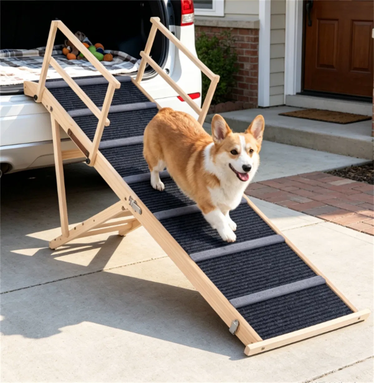 6-Level Adjustable Foldable Pet Ramp, Solid Pine Wood Non-Slip Dog Stairs with Side Rails, 145 lbs Heavy Duty Pet Step for Senior Dogs & Pets with Mobility Issues — image 4