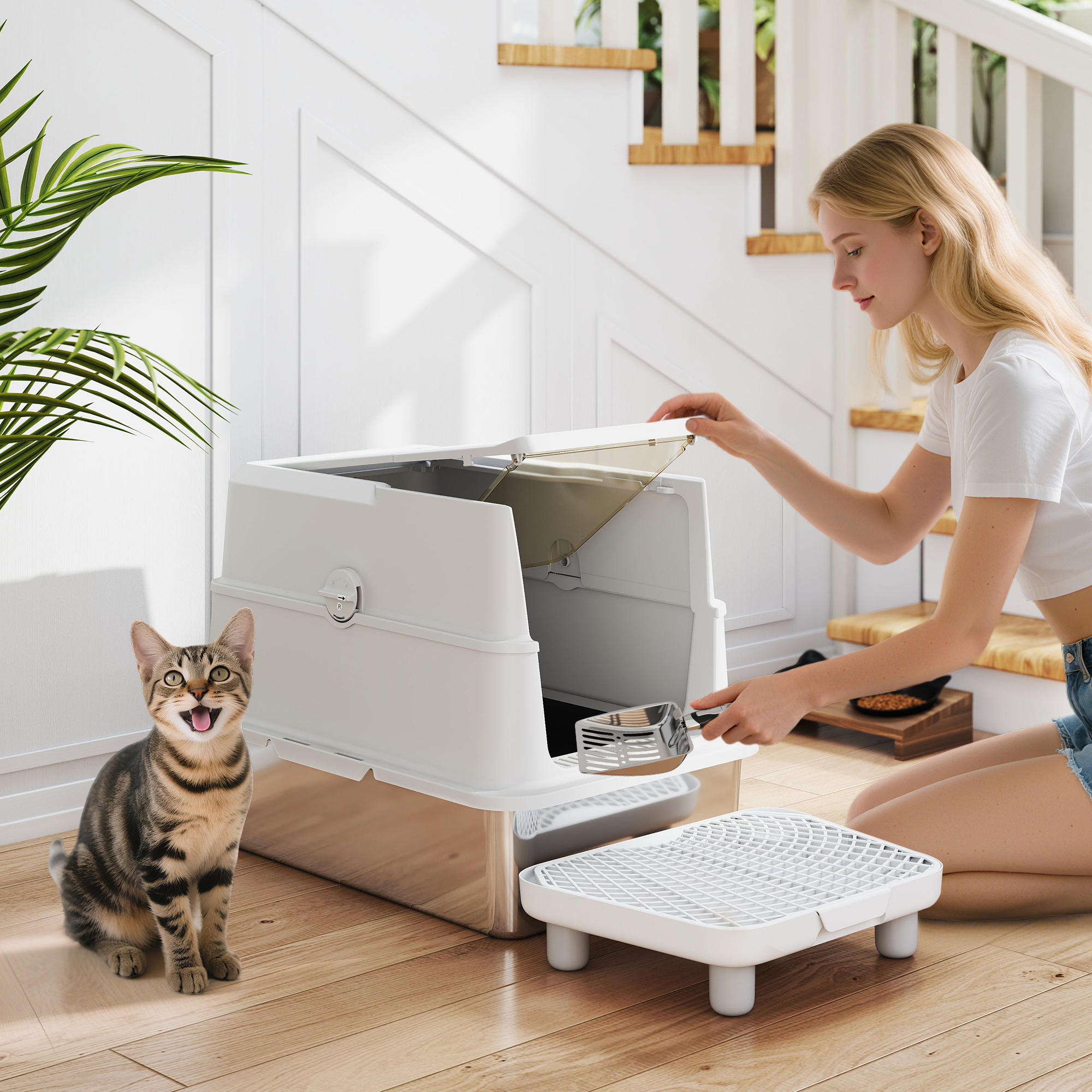 Extra Large Stainless Steel Cat Litter Box for Big Cats with Flip Cover, High-Sided Enclosure & Scoop — image 1