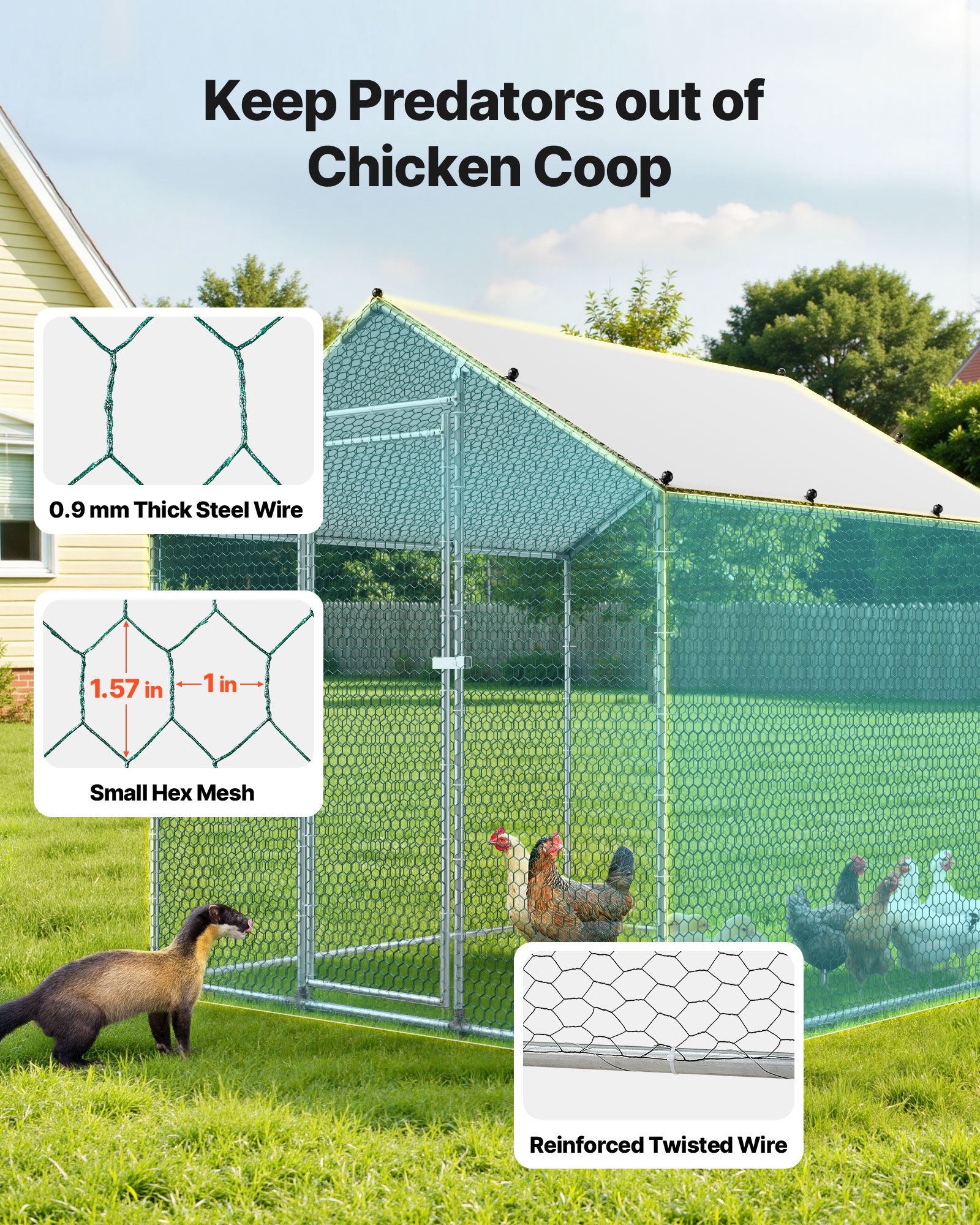 Cubo de Gallinas Metálico Grande 6.56x6.56x6.56 pies con Techo y Puerta de Acceso Segura para Pollos, Pájaros y Conejos en Patio, Granja o Jardín — imagen 2