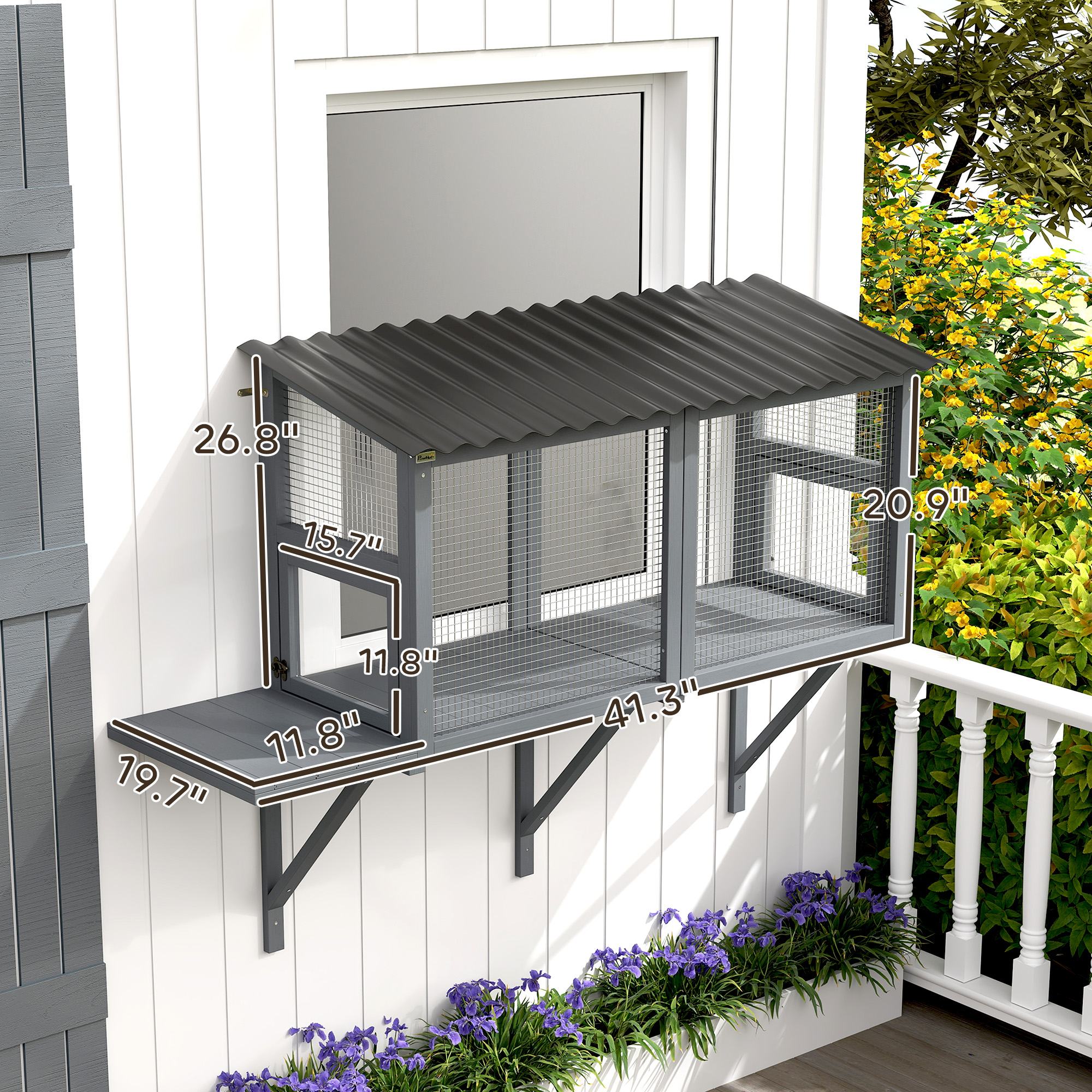 Wooden Cat Catio, Outdoor Cat Enclosure Window Perch With Jumping Platform, For Safely Enjoying Outdoor Sights, Gray — image 4