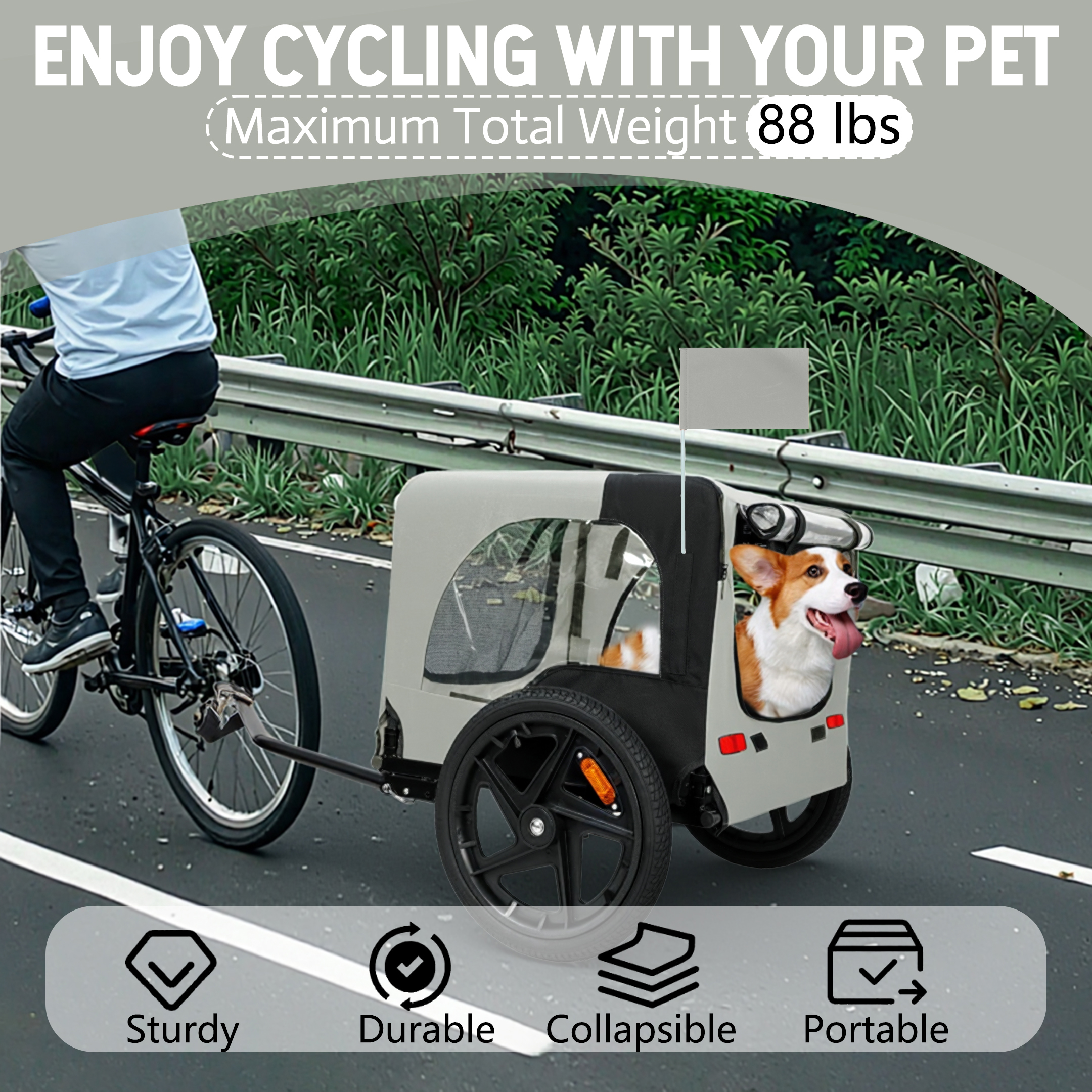Outdoor Heavy Duty Collapsible Pet Bike Trailer With 16-Inch All-Terrain Wheels Universal Hitch Foldable Dog Cargo Carrier Cart For Bicycles, Black Grey — image 3