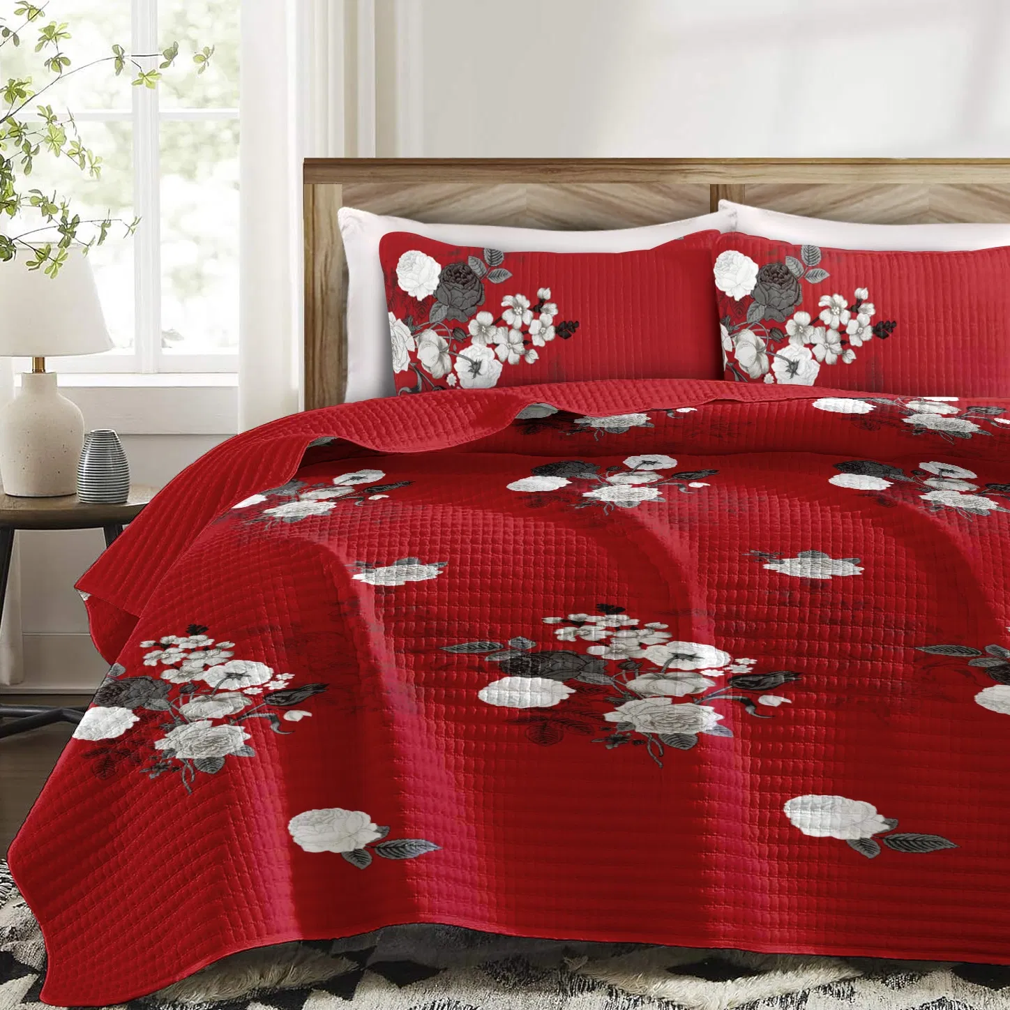 9-Piece Burgundy Red Floral Bedding & Curtain Combo Set, Vibrant Crimson Quilted Bedspread with 6 Light Filtering Window Panels & 2 Shams, Easy Care Microfiber Coverlet, Pet Friendly — image 2