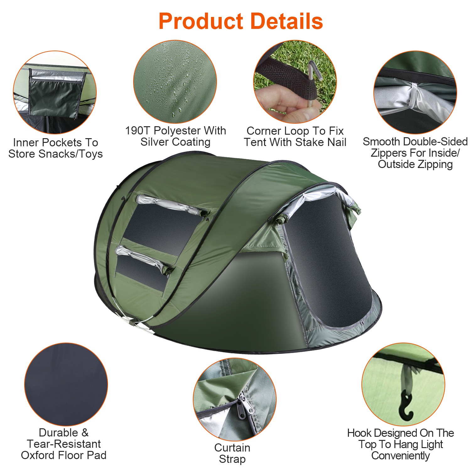 Carpa para 5-8 Personas de Armado Automático, Carpa de Camping Impermeable de Instalación Instantánea con 4 Ventanas con Mosquitero, Bolsa de Transporte, Ideal para Senderismo, Escalada, Aventura y Pesca — imagen 11