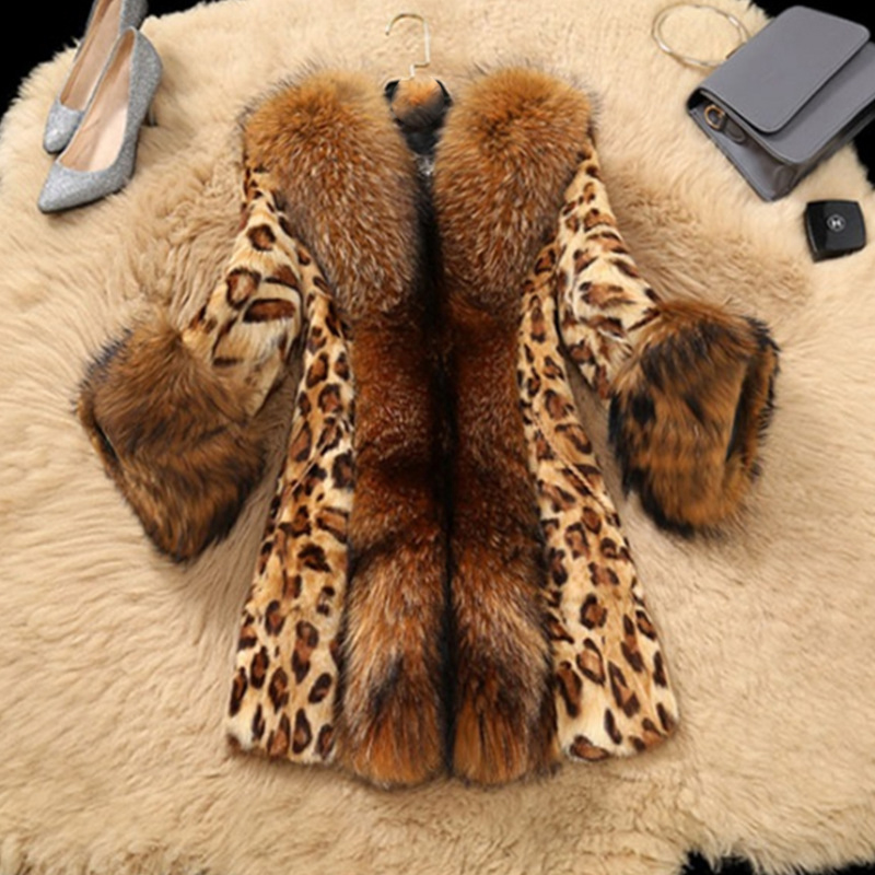 Mid-length Leopard Print Raccoon Fur Collar Coat — image 1
