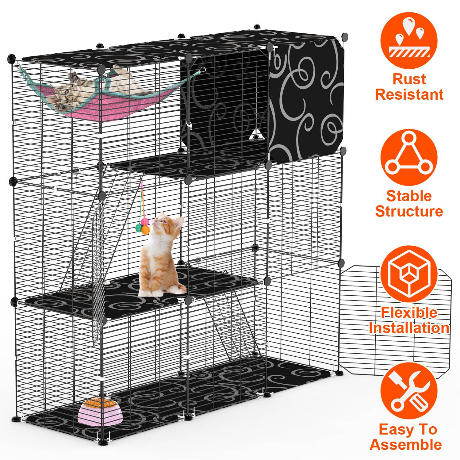 3-Tier Cat Cage Enclosure Indoor Cat Cage Playpen With Hammock Toy Ball Ladder DIY Iron Wire Cat House Kennels Crate For 1-2 Cats Ferret Rabbit Small Animals — image 1