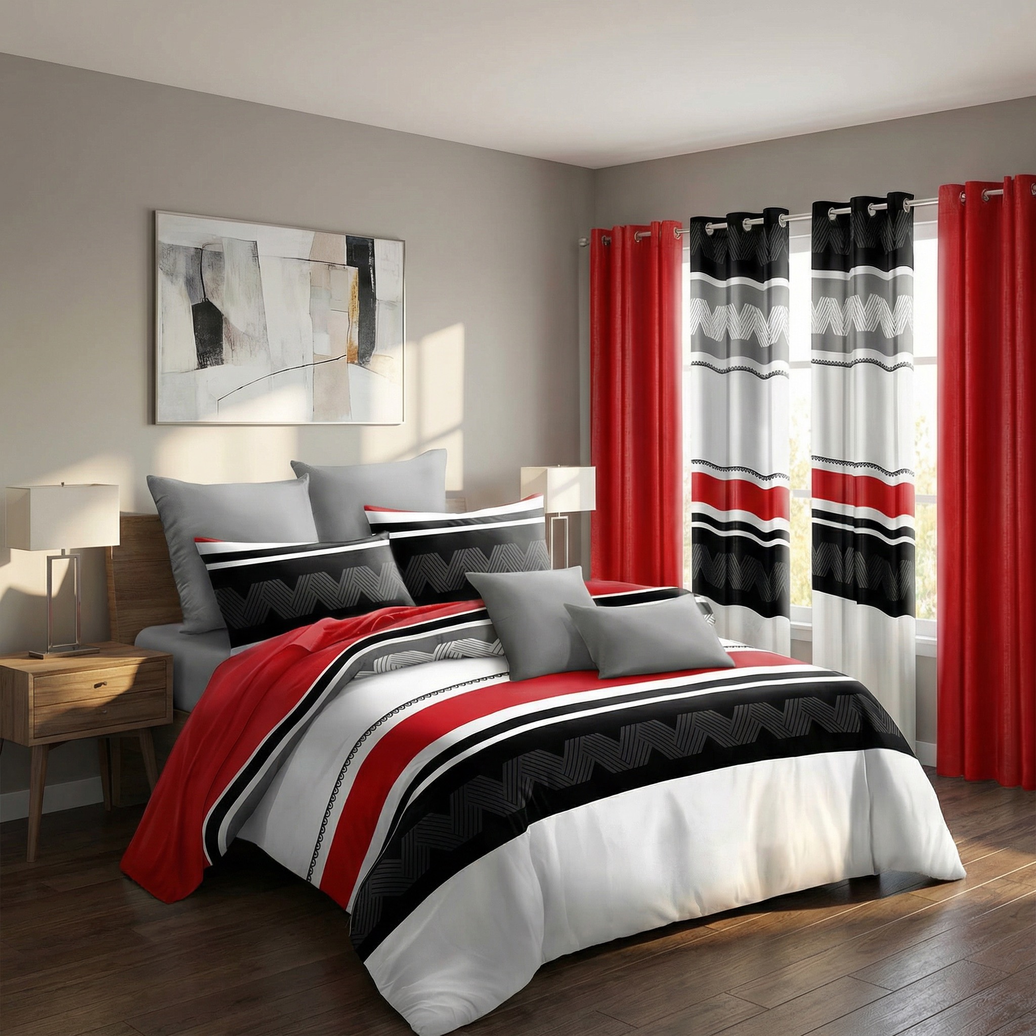 9 Piece Room In A Bag Quilt And Curtain Set, US Designer Red And Black Geometric Chevron Heavyweight Bedspread With 6 Customizable Window Panels, Pet-Friendly High GSM Coverlet — image 11