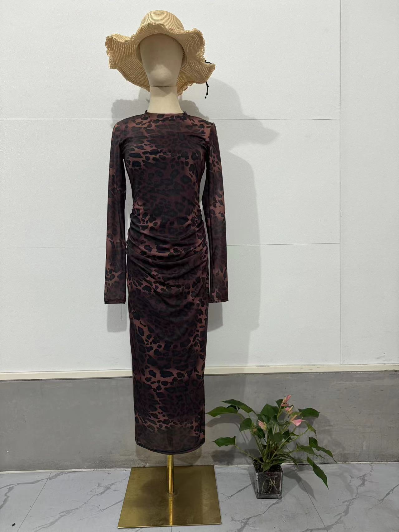 Lace-up Leopard Print Midi Dress with Round Neck, Fitted Waist Women's Dress — image 7