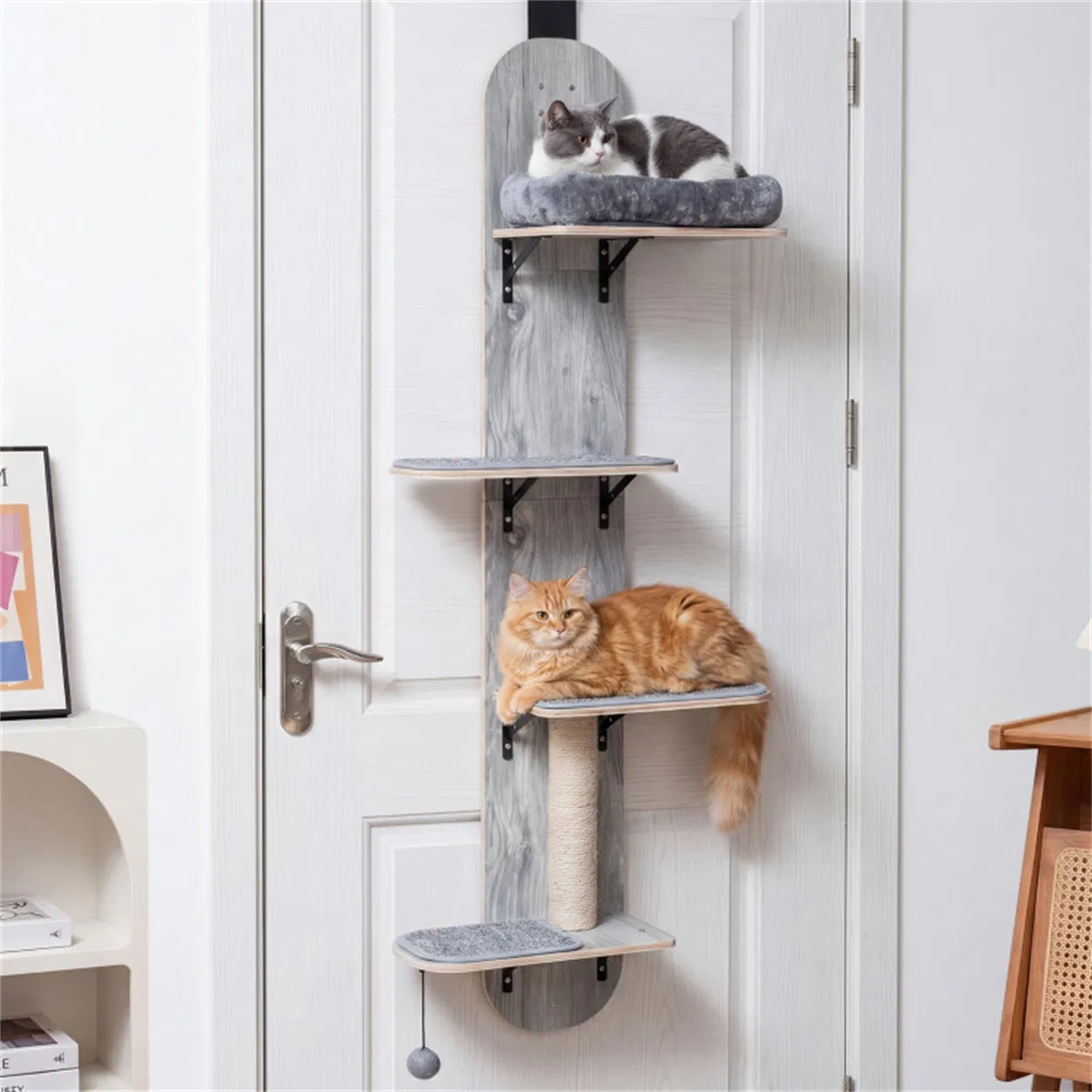 Door Hanging Cat Tree 5-Level Height Adjustable 4-Tier Climber No-Drill for Apartment Grey — image 1