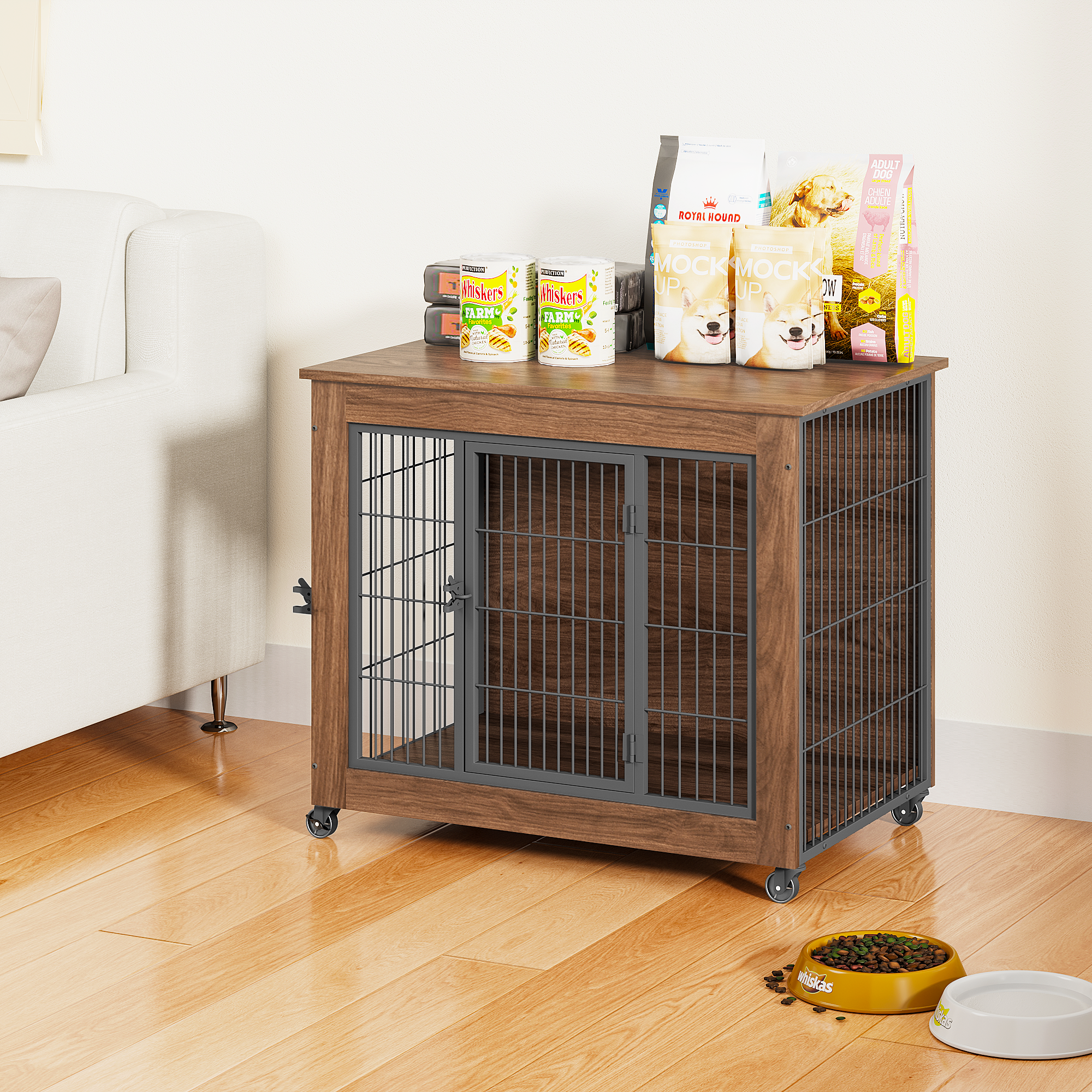 32.5 Dog Crate Furniture With Wheels For Small Dogs, Heavy Duty Dog Kennel Indoor With 2 Doors, Wooden Pet Cage End Table, Double-Doors Sturdy Metal Dog Cage For Anxiety Dog — imagen 4