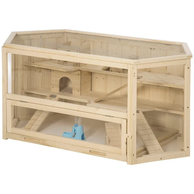Wooden Large Hamster Cage Small Animal Exercise Play House 3 Tier With Tray, Seesaws, Water Bottle, Activity Center, Natural — image 9