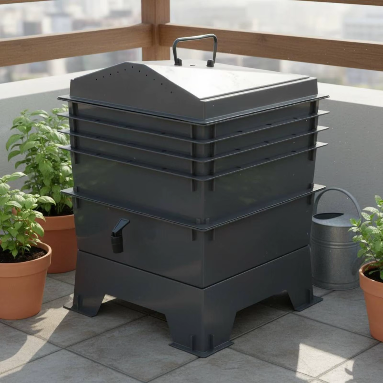 Contenedor de compostaje plástico para sistema de granja de gusanos de cocina en balcón, patio, con bandejas extensibles y cosecha con grifo — imagen 3