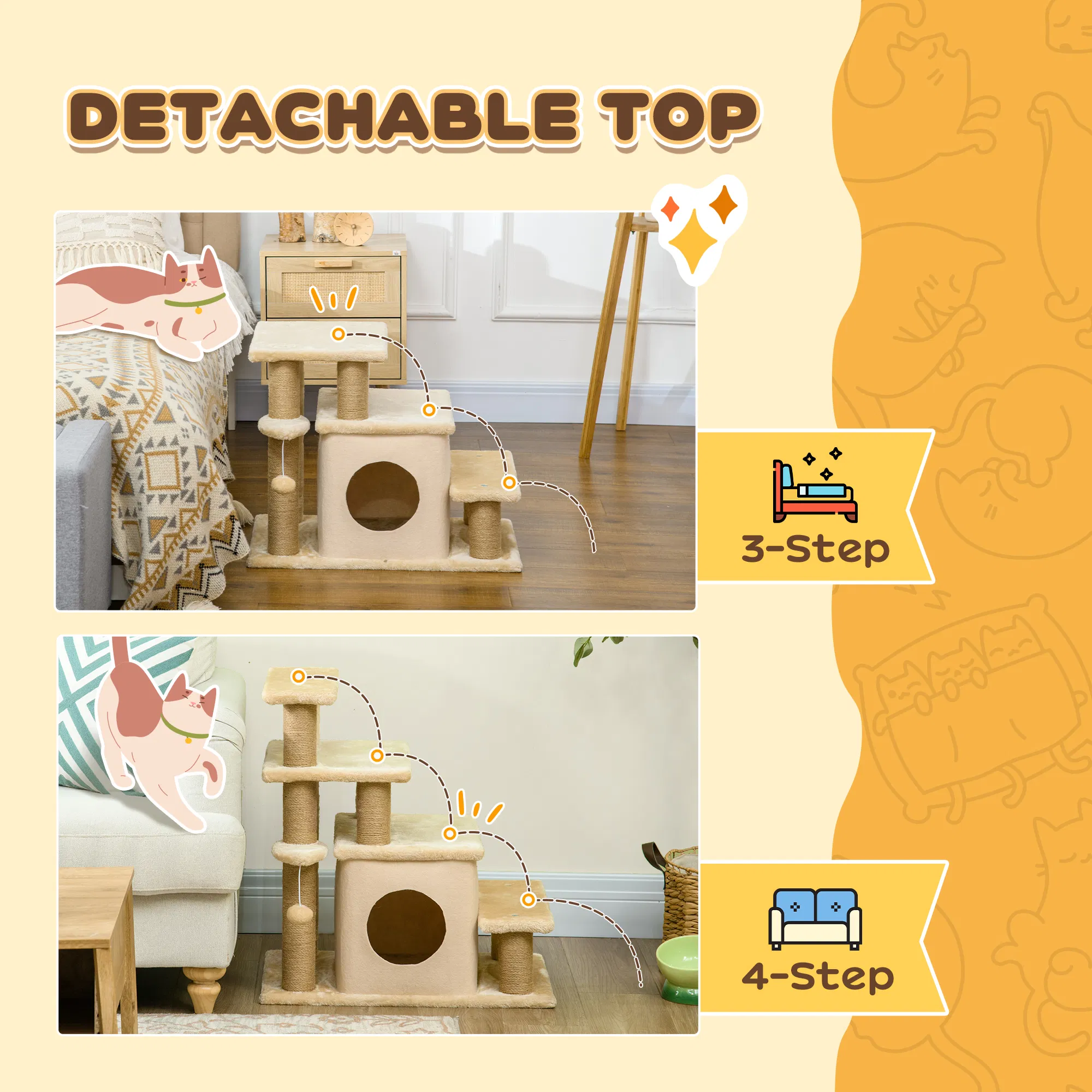 Cat Stairs Pet Steps for Couch Bed with Scratching Posts Condo Ball Toy, 23.6" x 15.7" x 26", Beige — image 6