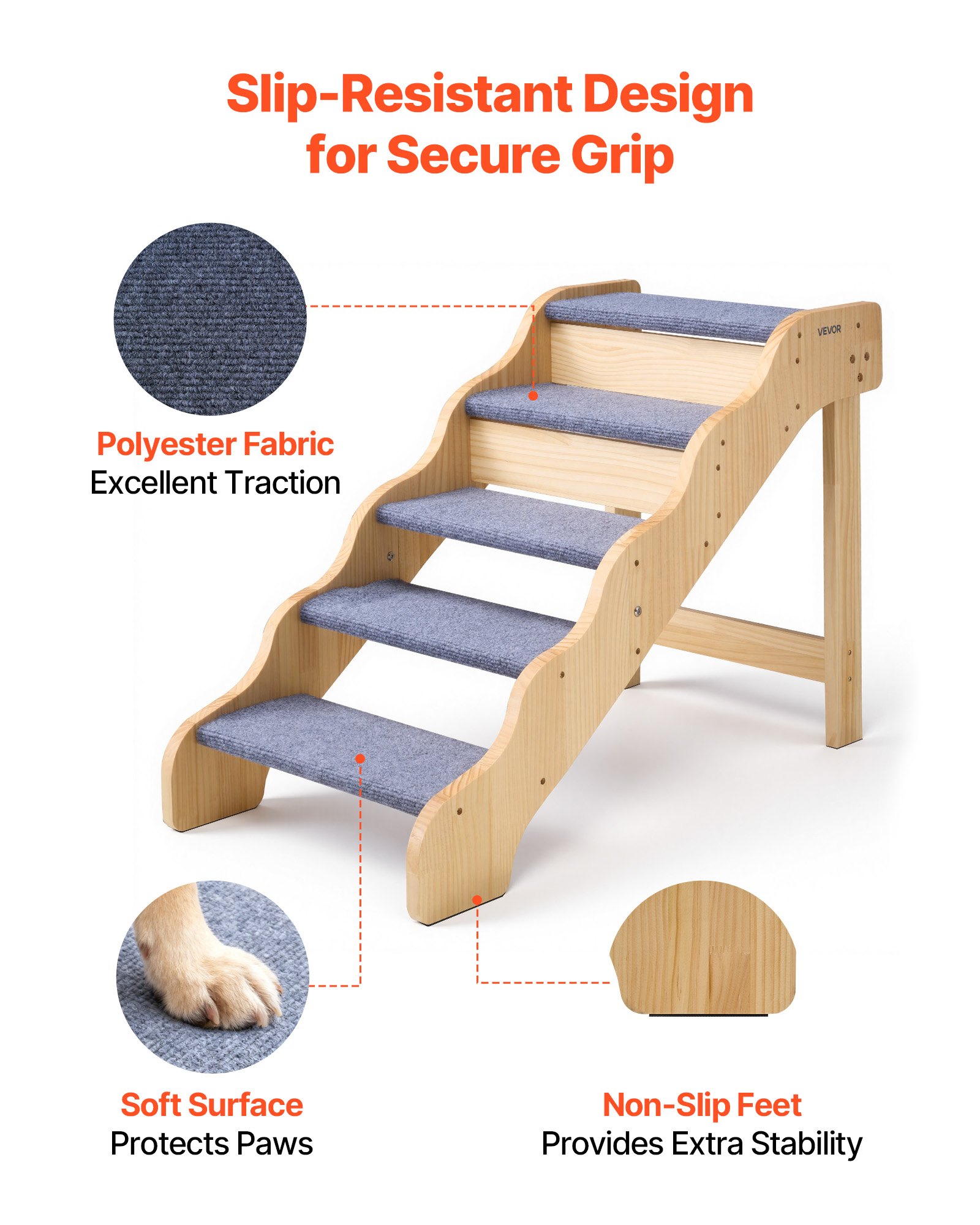 Escaleras de Madera para Mascotas, 5 Pasos para Camas Altas, Sofás y Coches, Capacidad de Carga 150lbs, Superficie Antideslizante, Escalera Segura para Gatos y Perros Pequeños, Medianos y Grandes — imagen 2