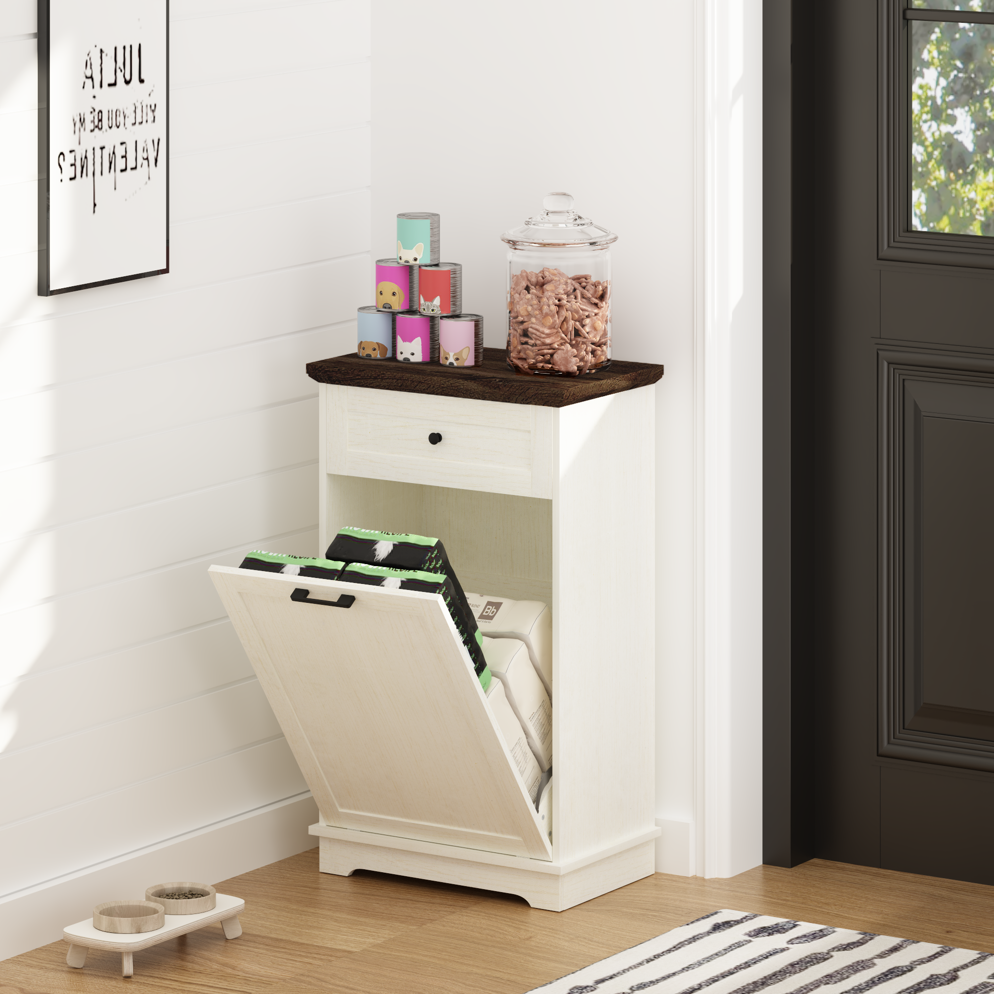 Mueble Basculante para Basurero de 10 Galones, Mueble Independiente para Bote de Basura, Mueble de Madera para Basura y Reciclaje con Cajón, a Prueba de Mascotas, para Cocina y Sala de Estar, Blanco Antiguo (No Incluye el Bote de Basura) — imagen 5