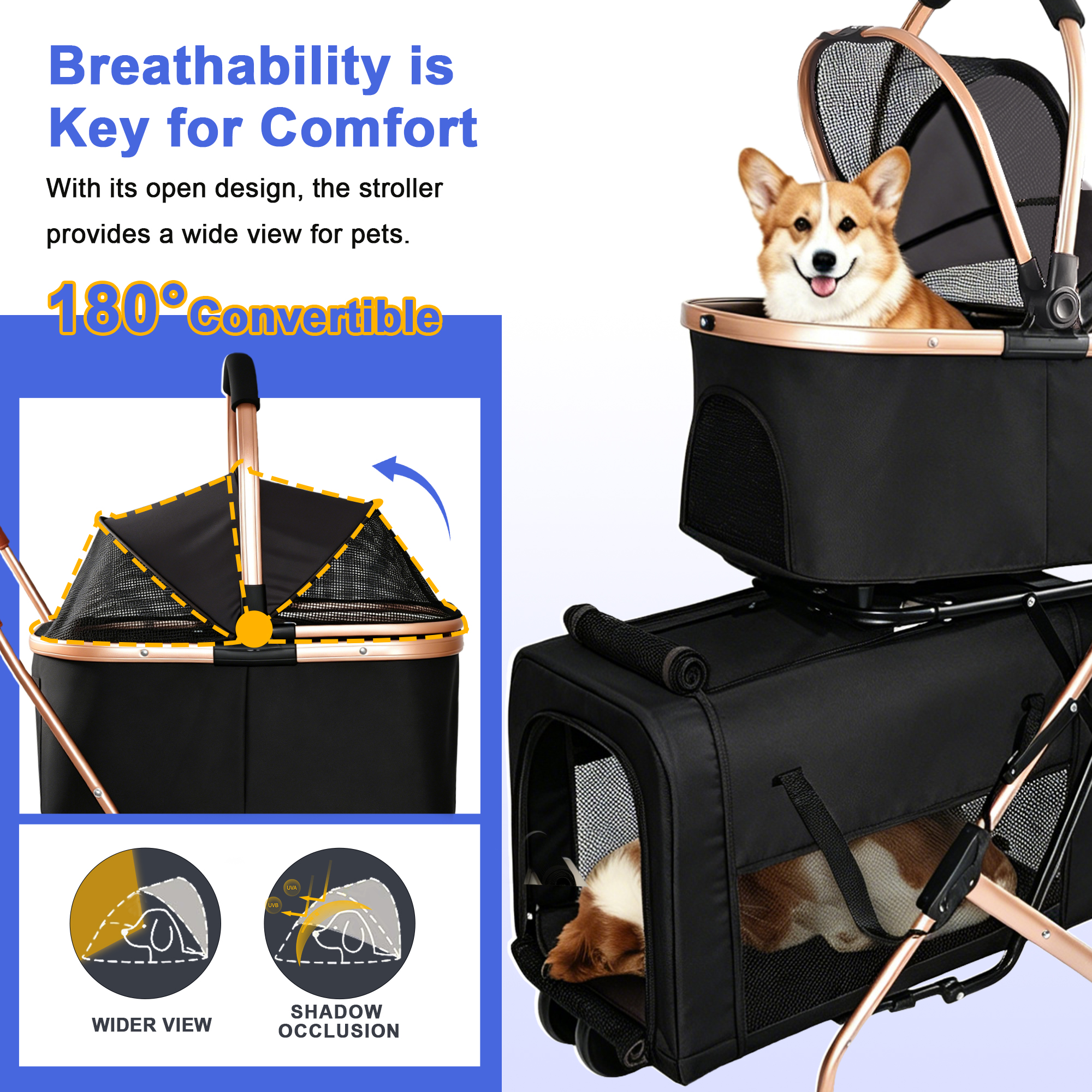 Cochecito Doble para Mascotas 3 en 1 para Perros y Gatos Pequeños y Medianos, Marco Plegable Convertible en Bolso Transportador, Ruedas Antichoque con Sistema de Freno, Doble Correa de Seguridad Fija para Hogares con Varias Mascotas — imagen 9