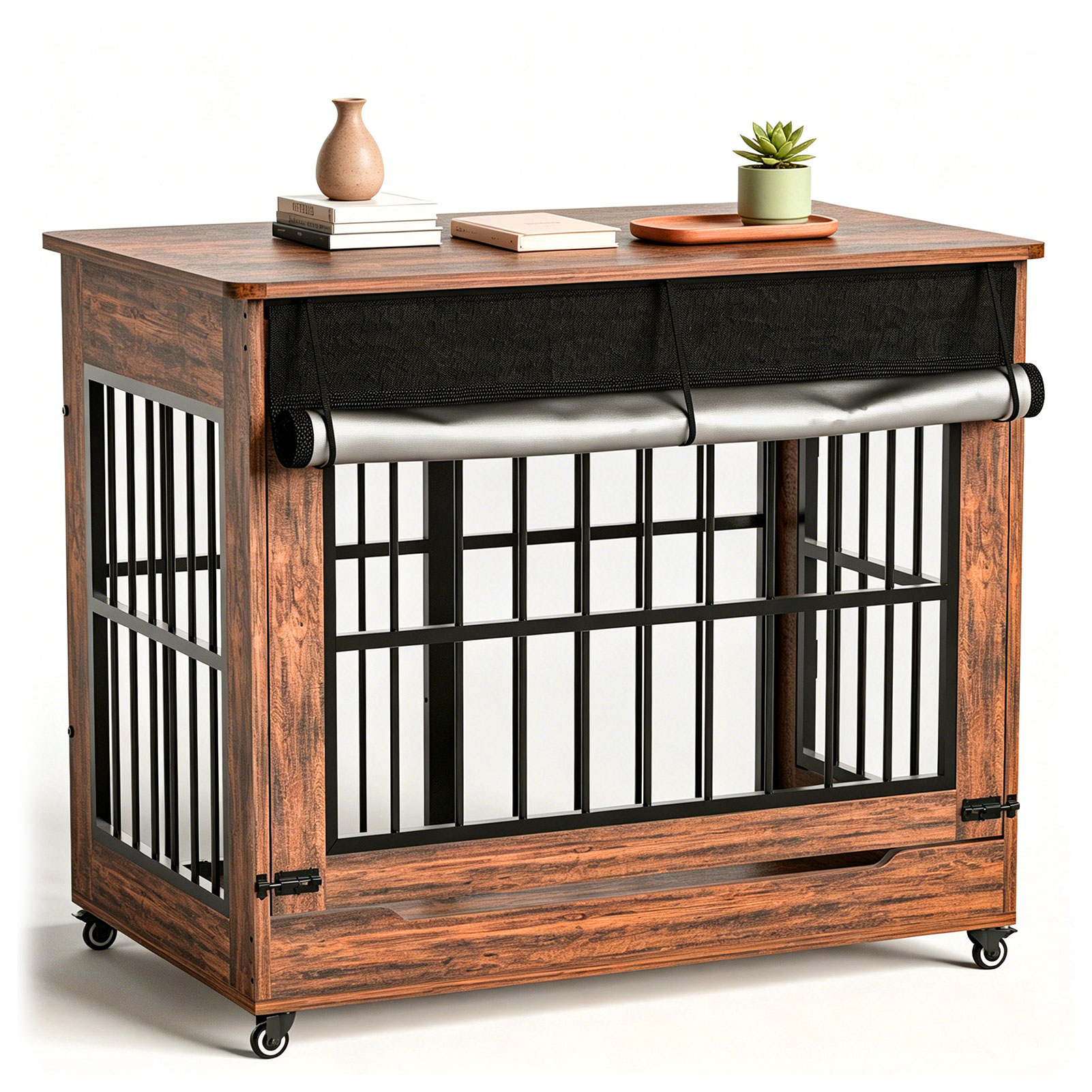 Large Dog Crate Furniture, Double Door Wooden Indoor Dog Kennel Furniture, Decorative Pet Cage End Table With Wheels For Extra Large Breed Dogs, Size 2XL, Greige — image 14