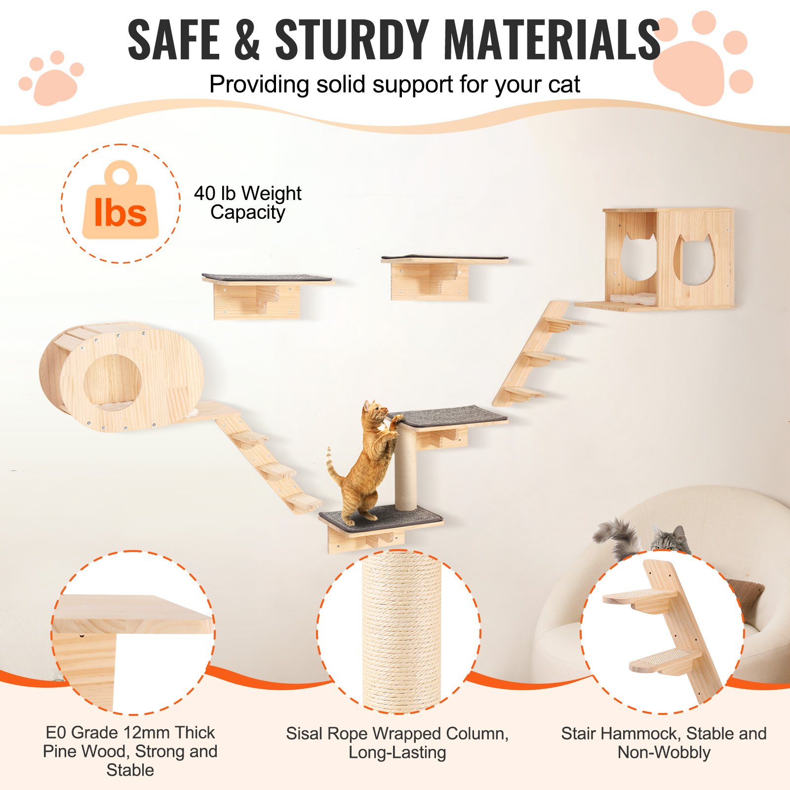 Wall Mounted Cat Shelves Tree With Jumping Boards Nests Hammock Set Of 7 — image 3